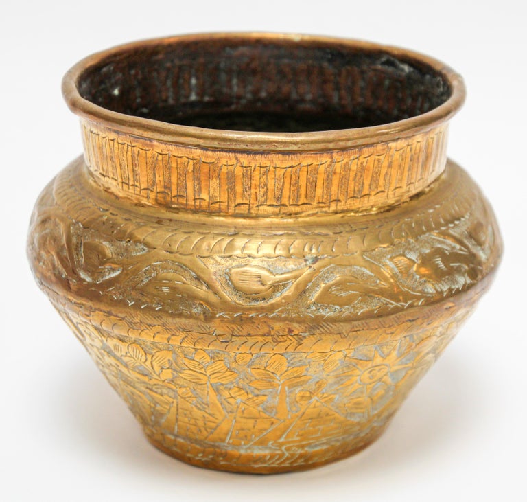 Middle Eastern Brass Bowl with Egyptian Scene For Sale at 1stdibs