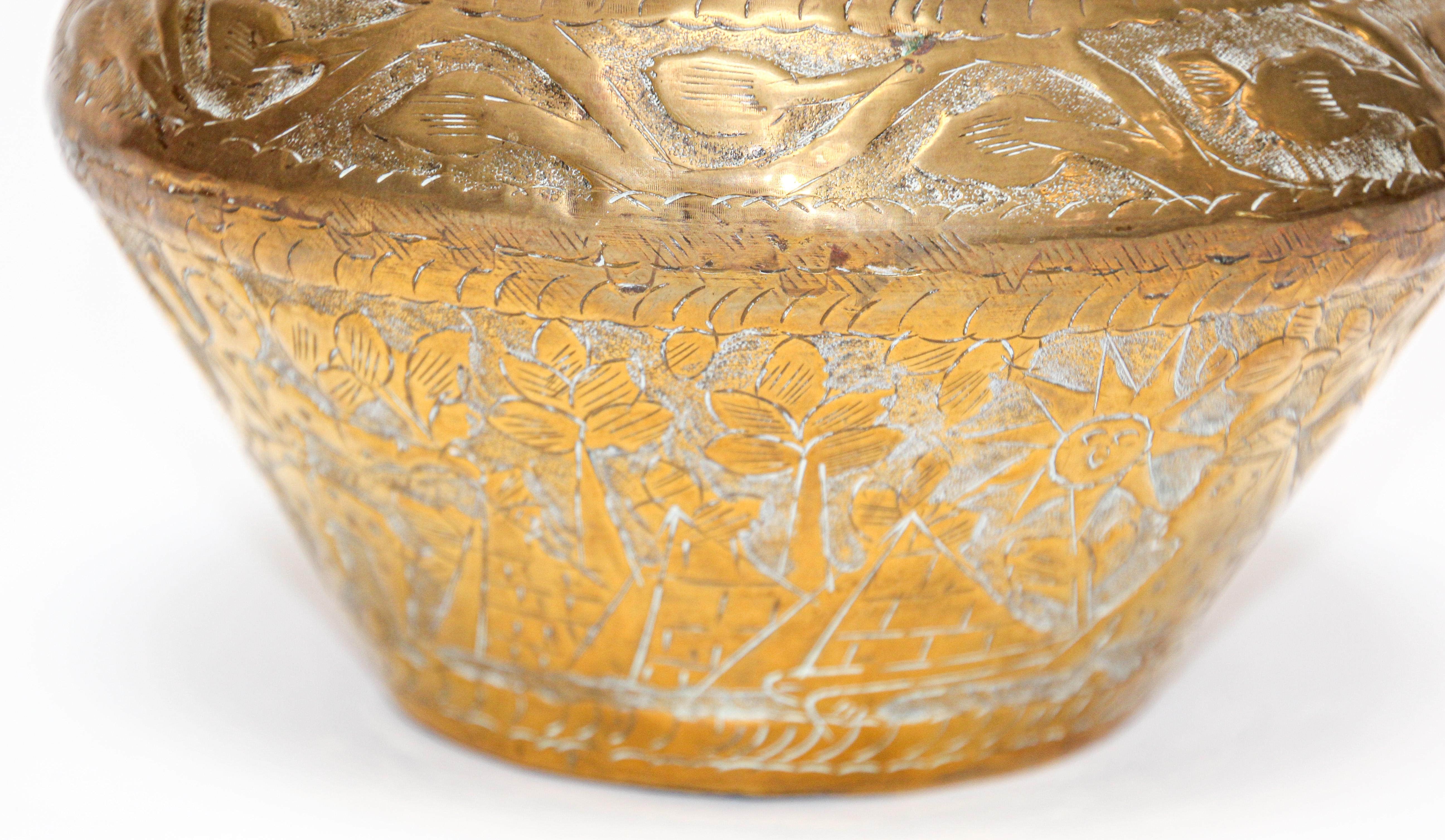 Hand-Crafted Middle Eastern Brass Bowl with Egyptian Scene For Sale