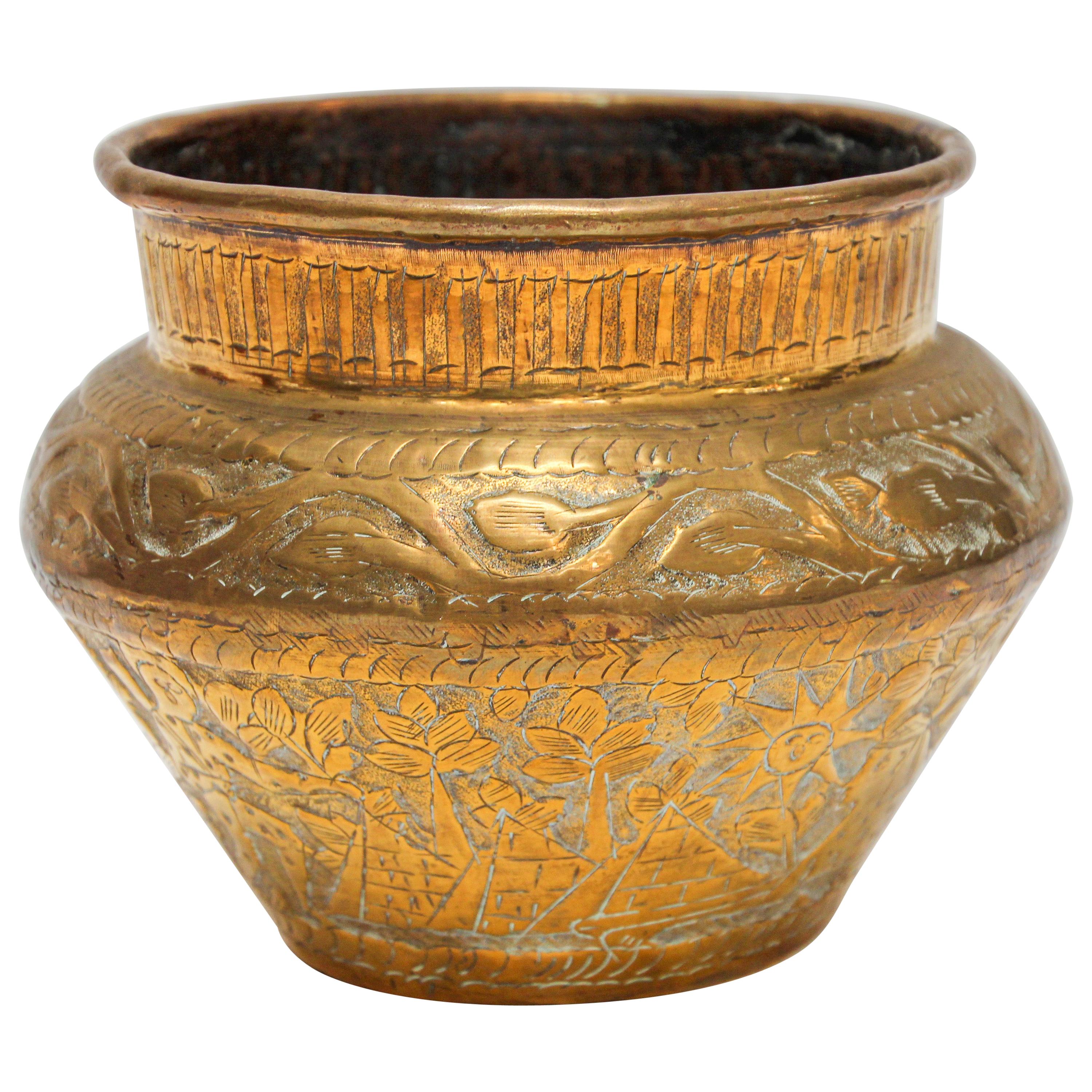 Middle Eastern Brass Bowl with Egyptian Scene