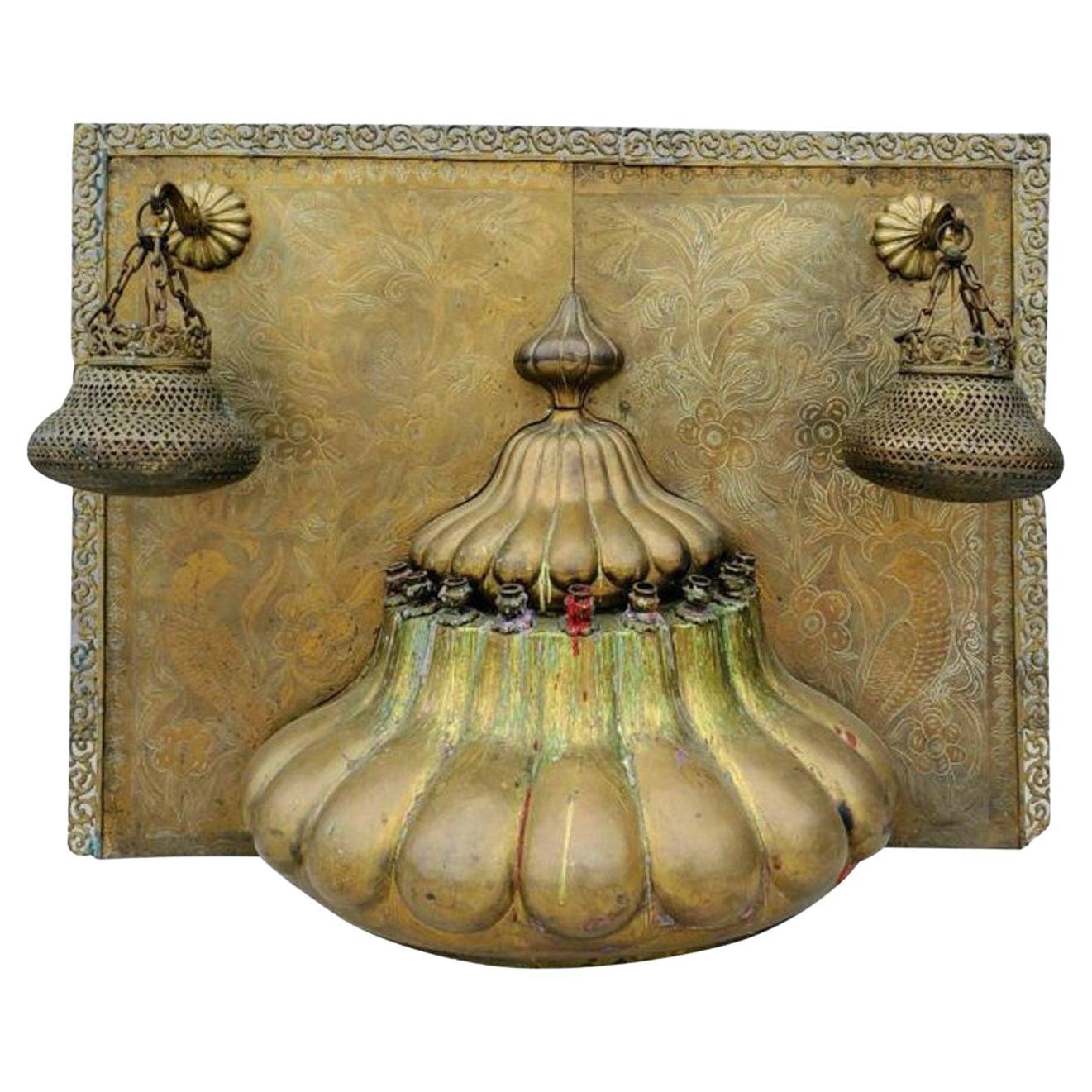 Middle-Eastern Brass & Bronze Temple Shrine Architectural Element Lamp