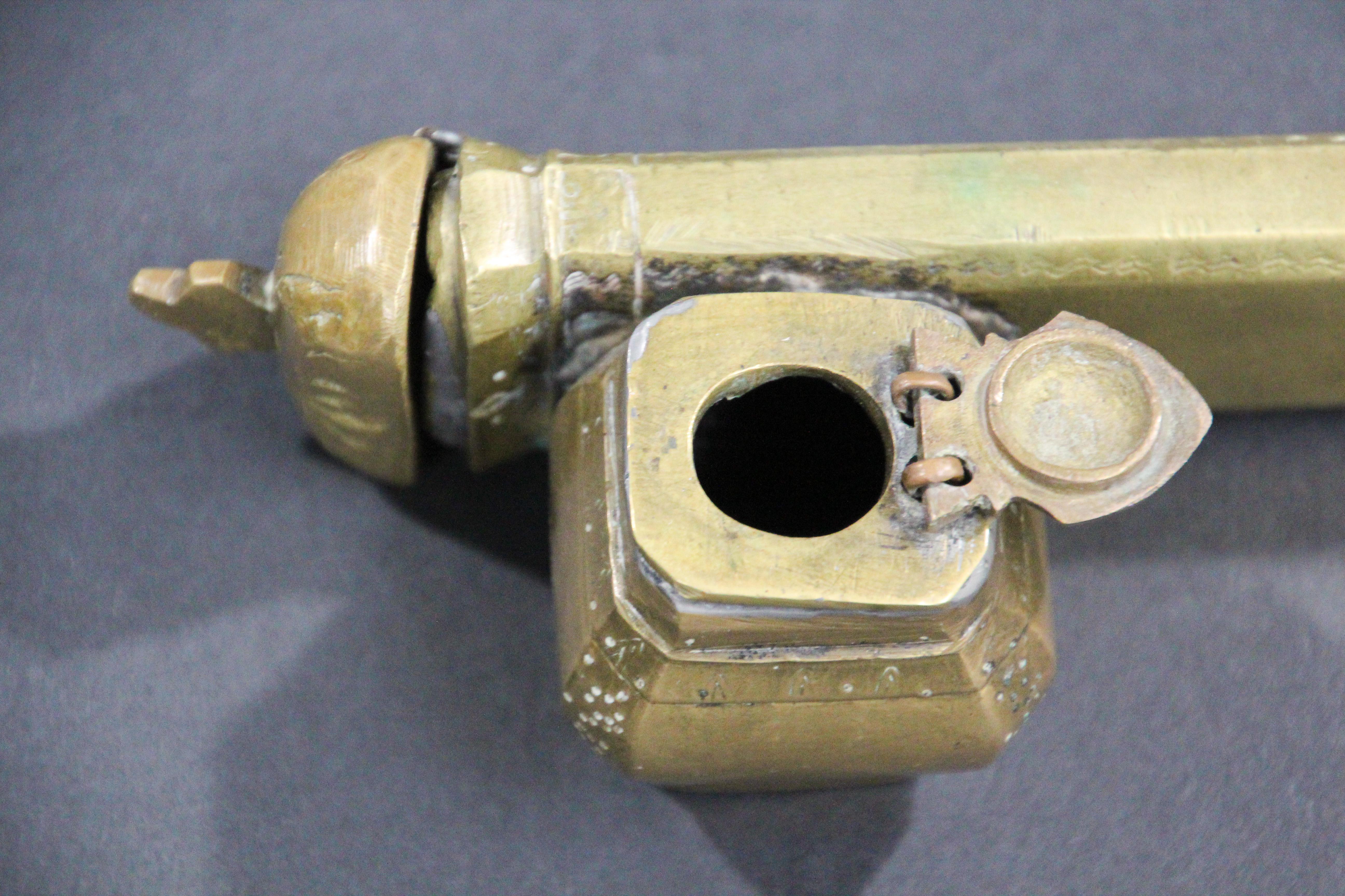Hand-Carved Middle Eastern Brass Inkwell Qalamdan 19th C For Sale