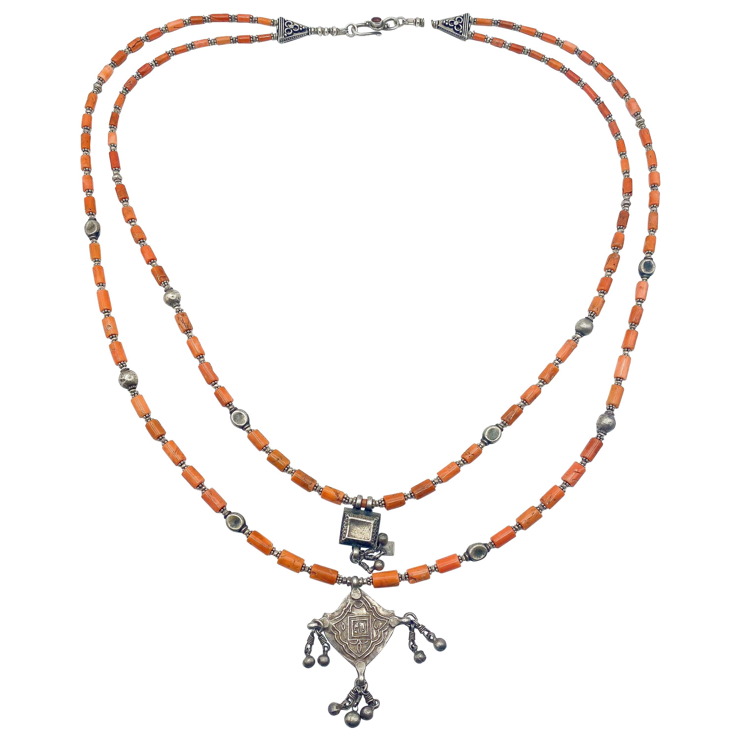 Middle Eastern Coral & Silver Double Strand Necklace
