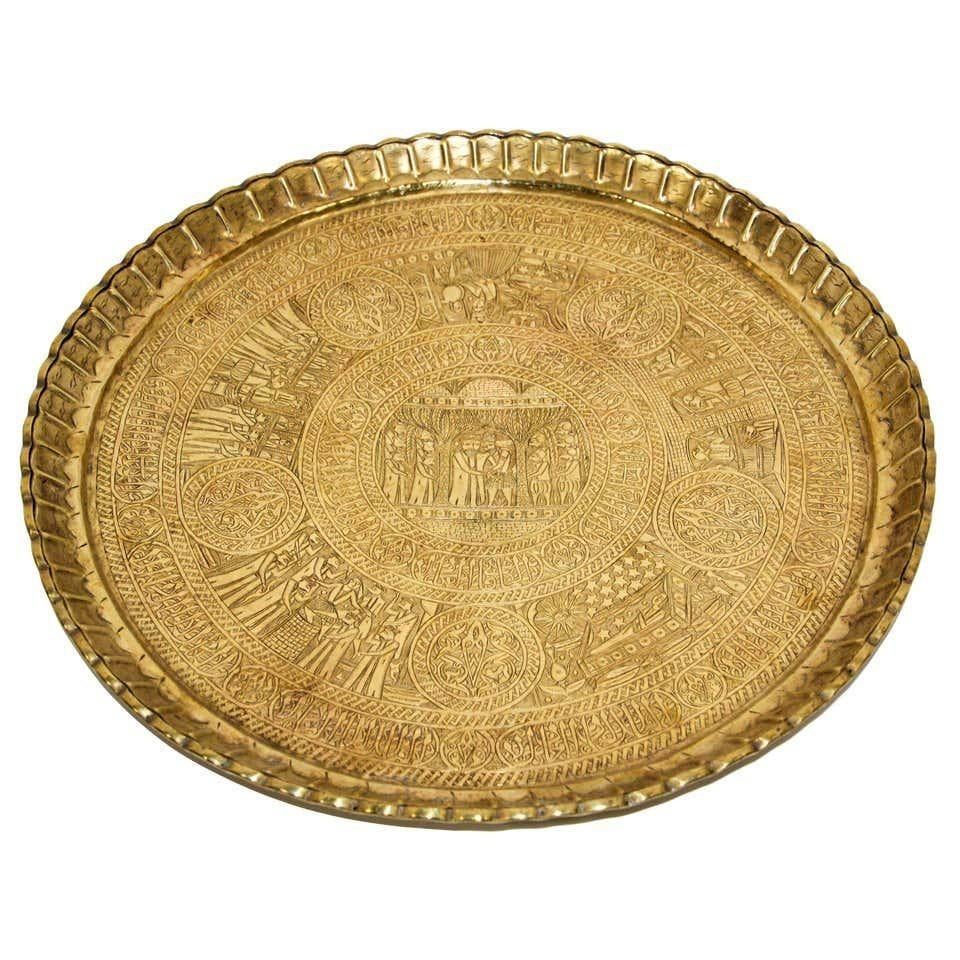 Middle Eastern Egyptian Antique Round Brass Tray For Sale 3