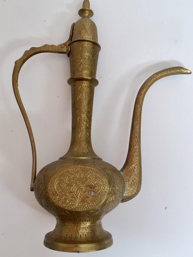 Middle Eastern Egyptian Arabic Polished Brass Coffee Set, Tray and Coffee Pots For Sale at 1stDibs