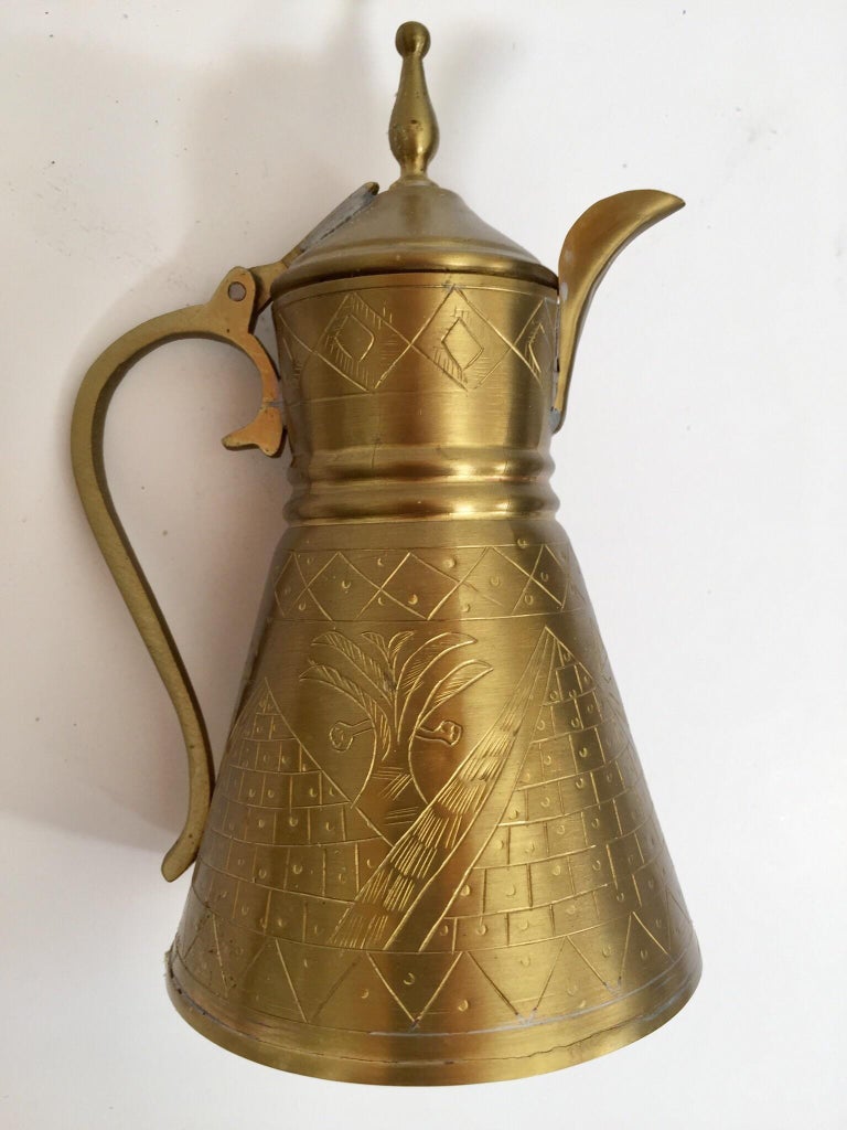 Middle Eastern Egyptian Arabic Polished Brass Coffee Set, Tray and Coffee Pots For Sale at 1stDibs