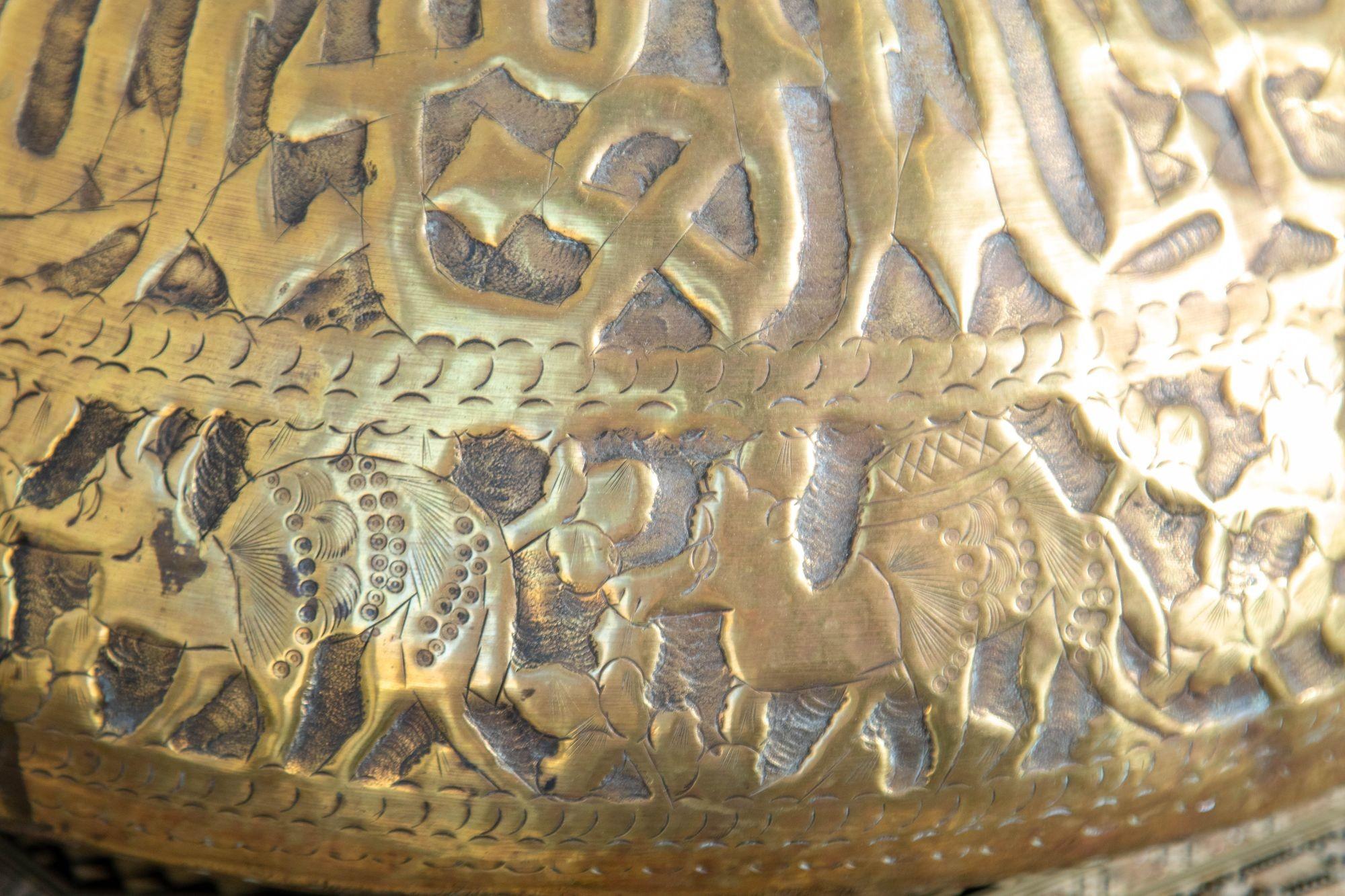 19th Century Middle Eastern Egyptian Mameluke Embossed Large Brass Bowl For Sale