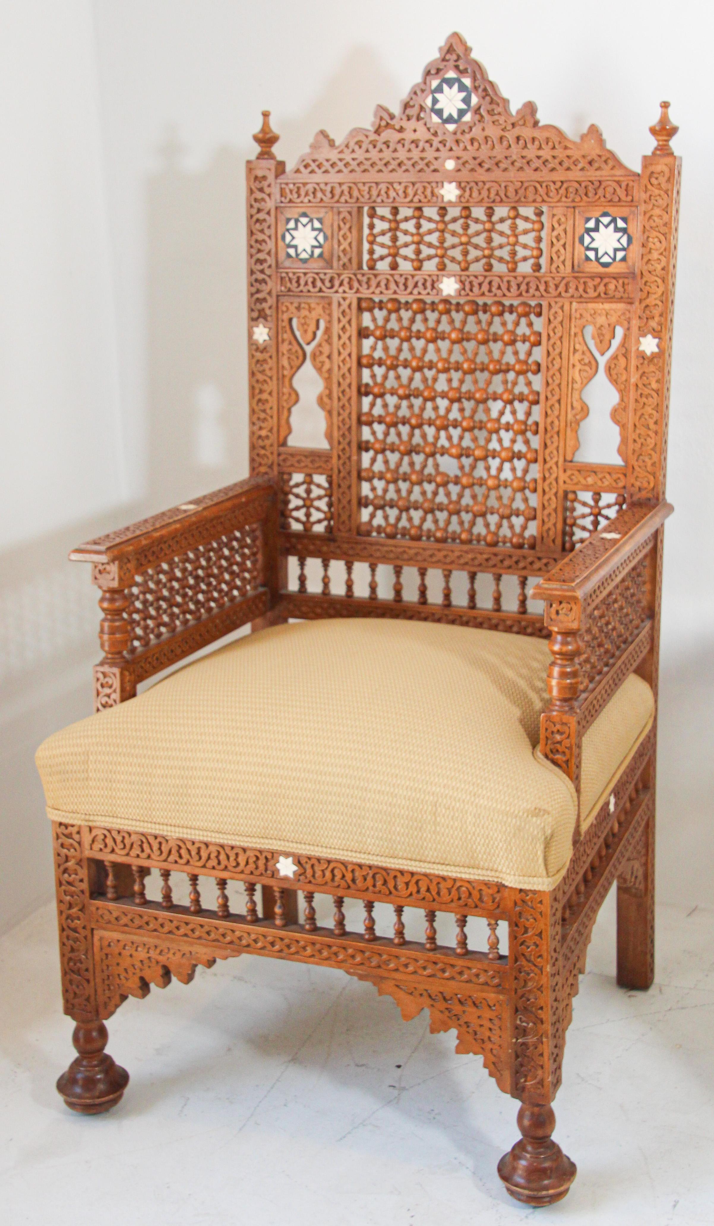 Hand-Carved Middle Eastern Egyptian Moorish Royal Throne Armchairs