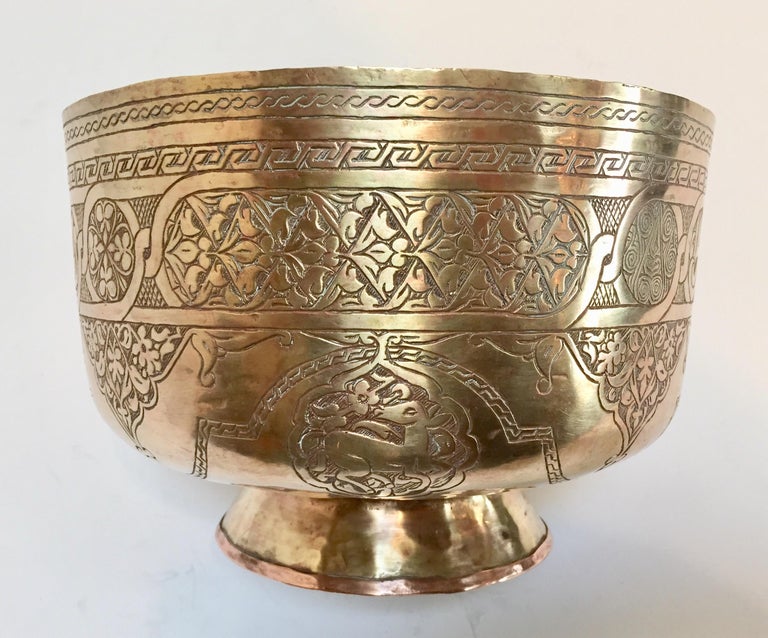 Middle Eastern HandEtched Islamic Footed Brass Bowl For Sale at