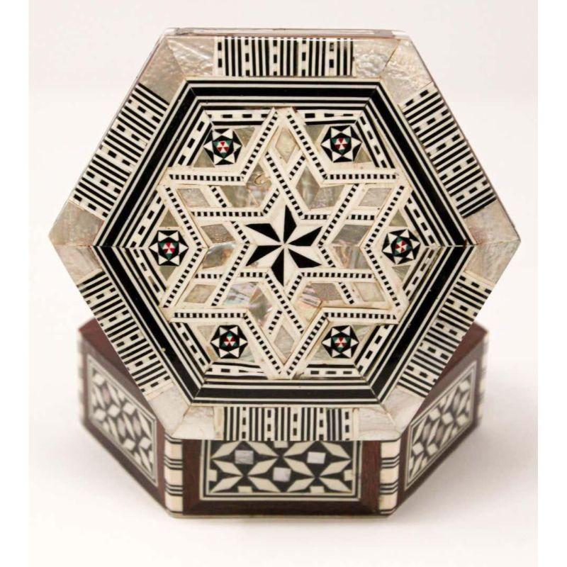 Fruitwood Middle Eastern Handcrafted Hexagonal Box Inlaid