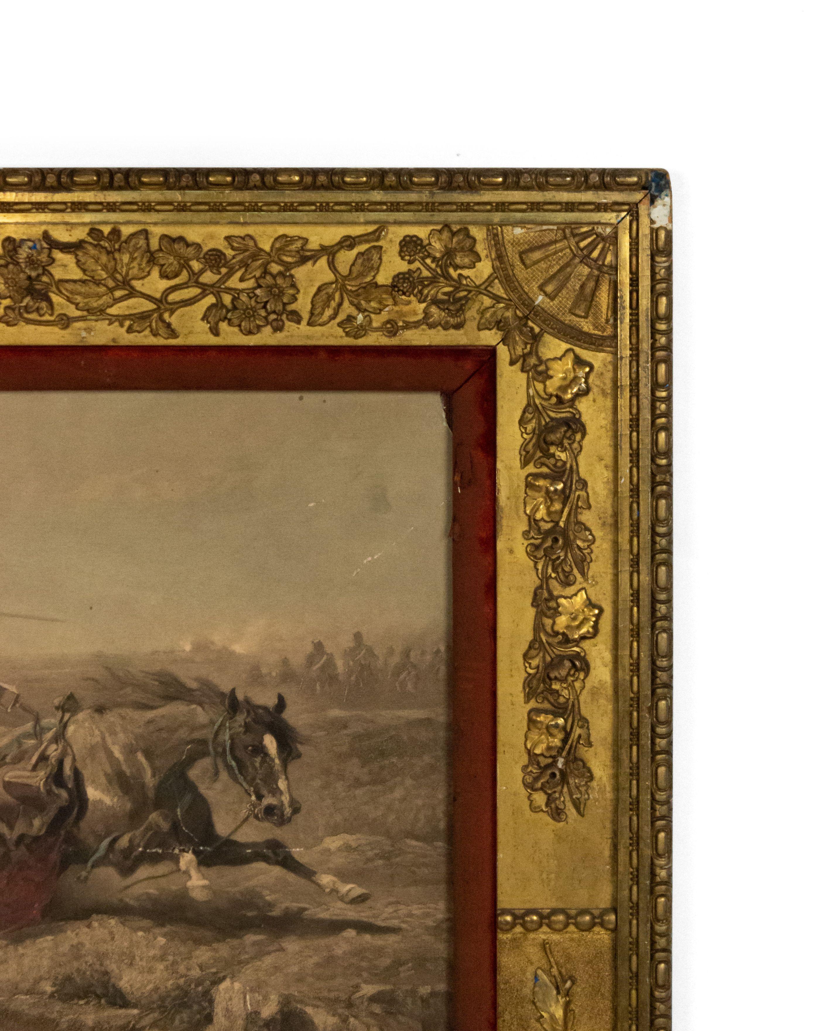 Middle Eastern style gilt and  red velvet framed print of Middle Eastern or North African horsemen bearing rifles.(as is)

Condition:  (Previously punctured, repair slighly visable)