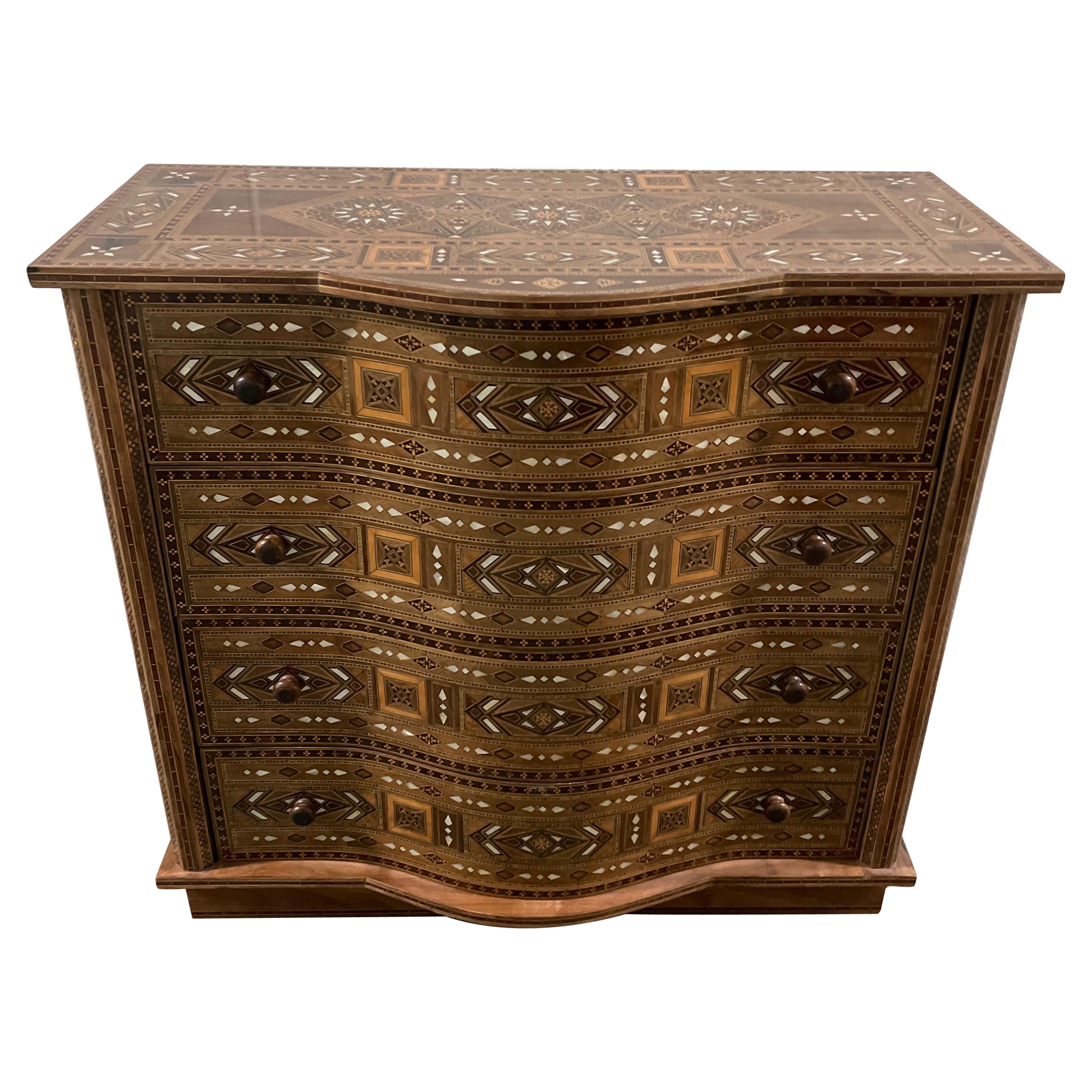 Middle Eastern Inlaid Mother of Pearl Bow Front Chest of Drawers
