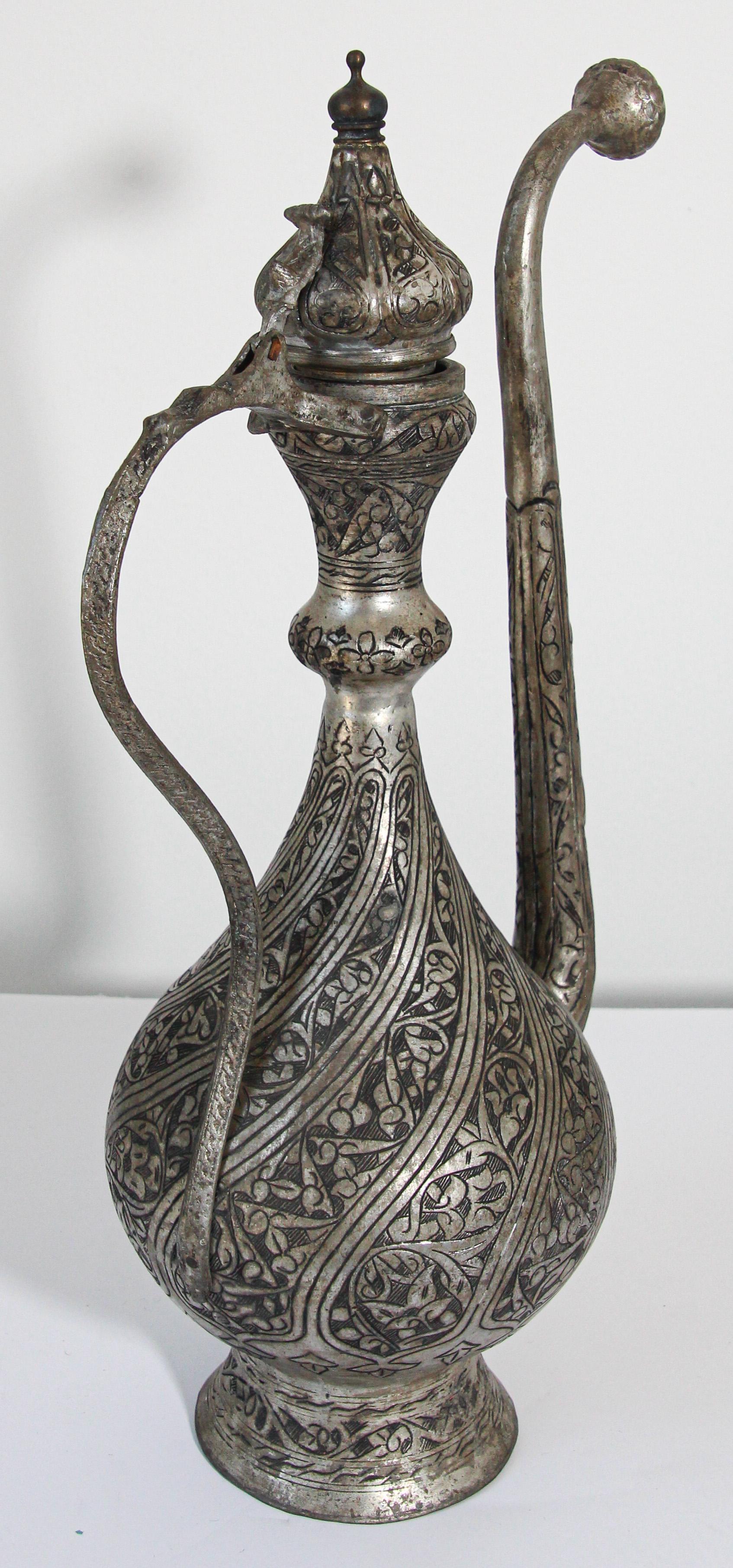 Engraved Middle Eastern Islamic Turkish Ottoman Tinned Copper Ewer For Sale