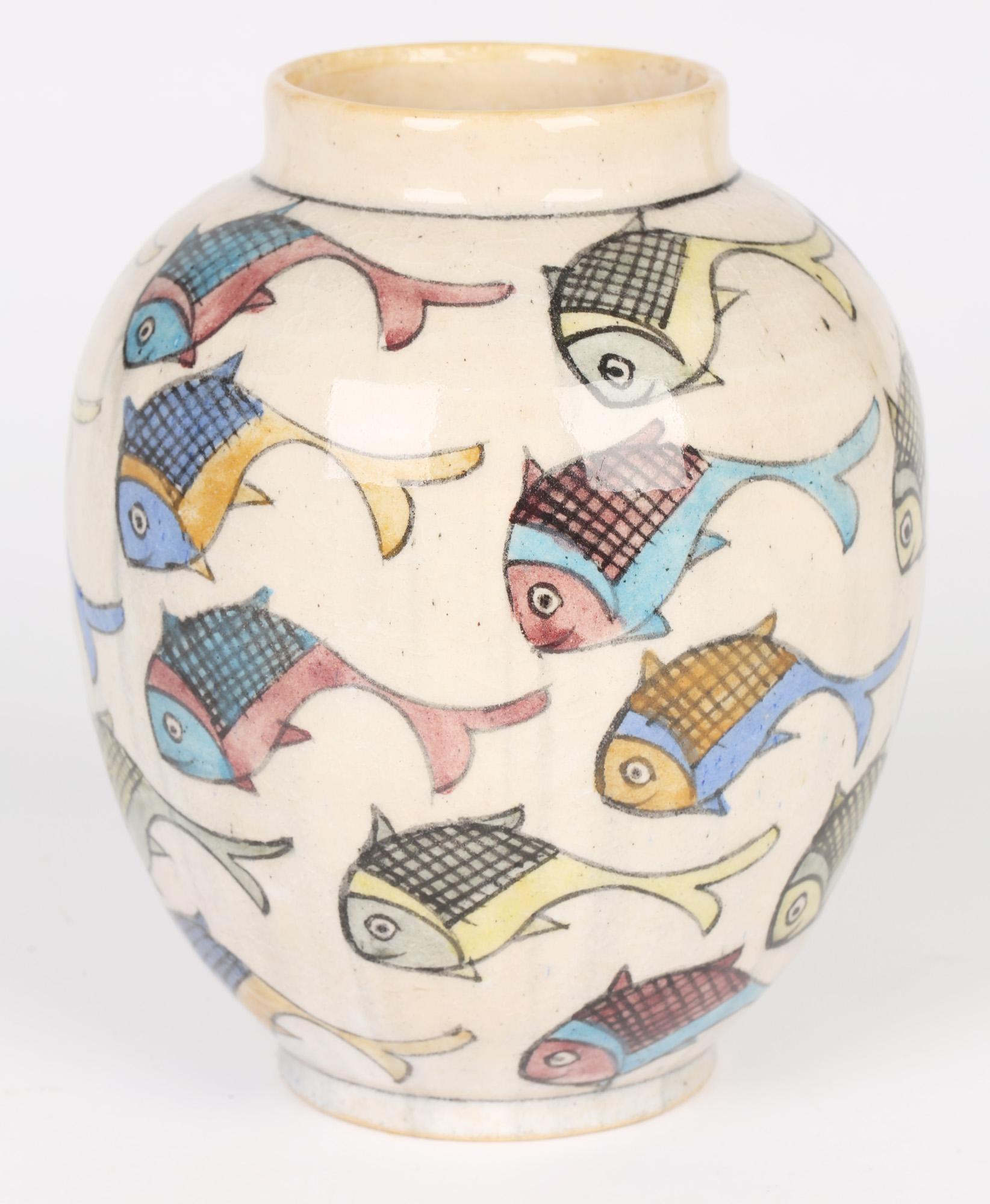 Persian Middle Eastern Iznik Art Pottery Vase Painted with Fish