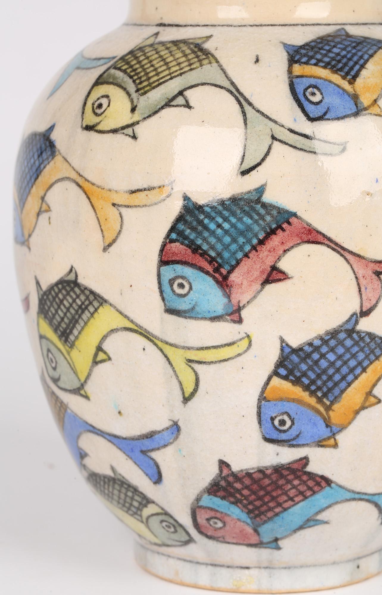 Glazed Middle Eastern Iznik Art Pottery Vase Painted with Fish