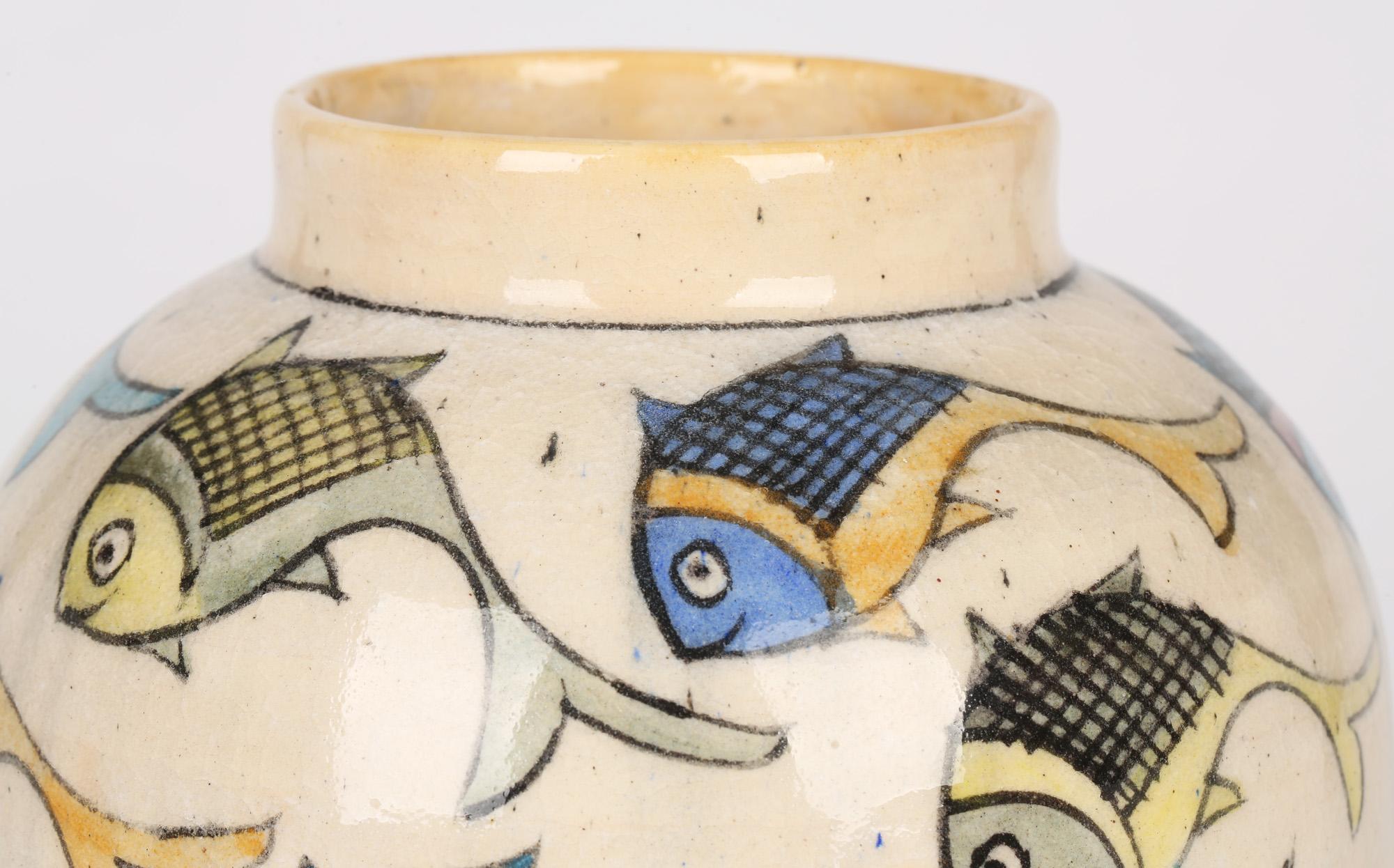Middle Eastern Iznik Art Pottery Vase Painted with Fish In Good Condition In Bishop's Stortford, Hertfordshire