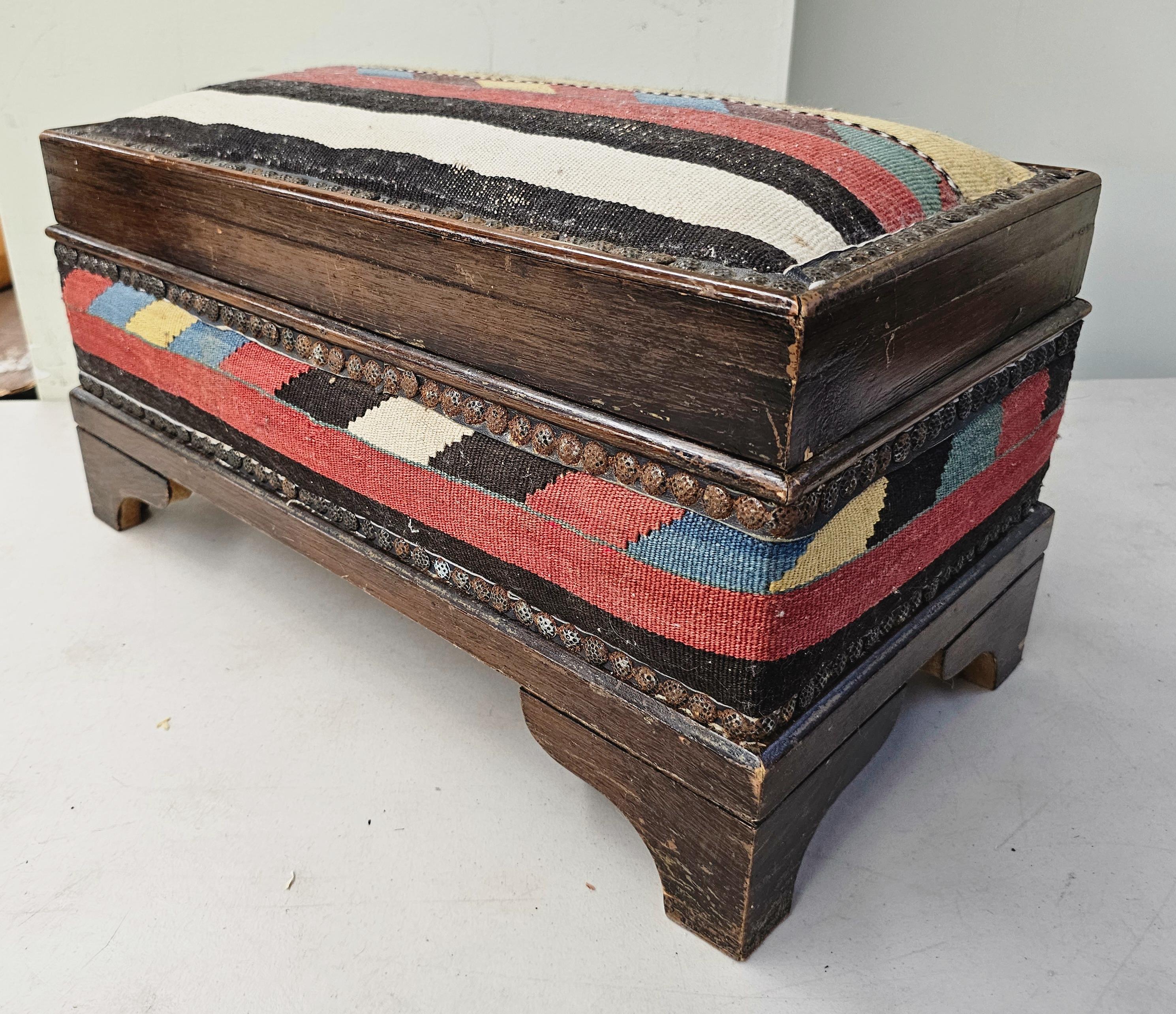 Moorish Middle Eastern Kilim Upholstered Stained Pine Table Chest For Sale