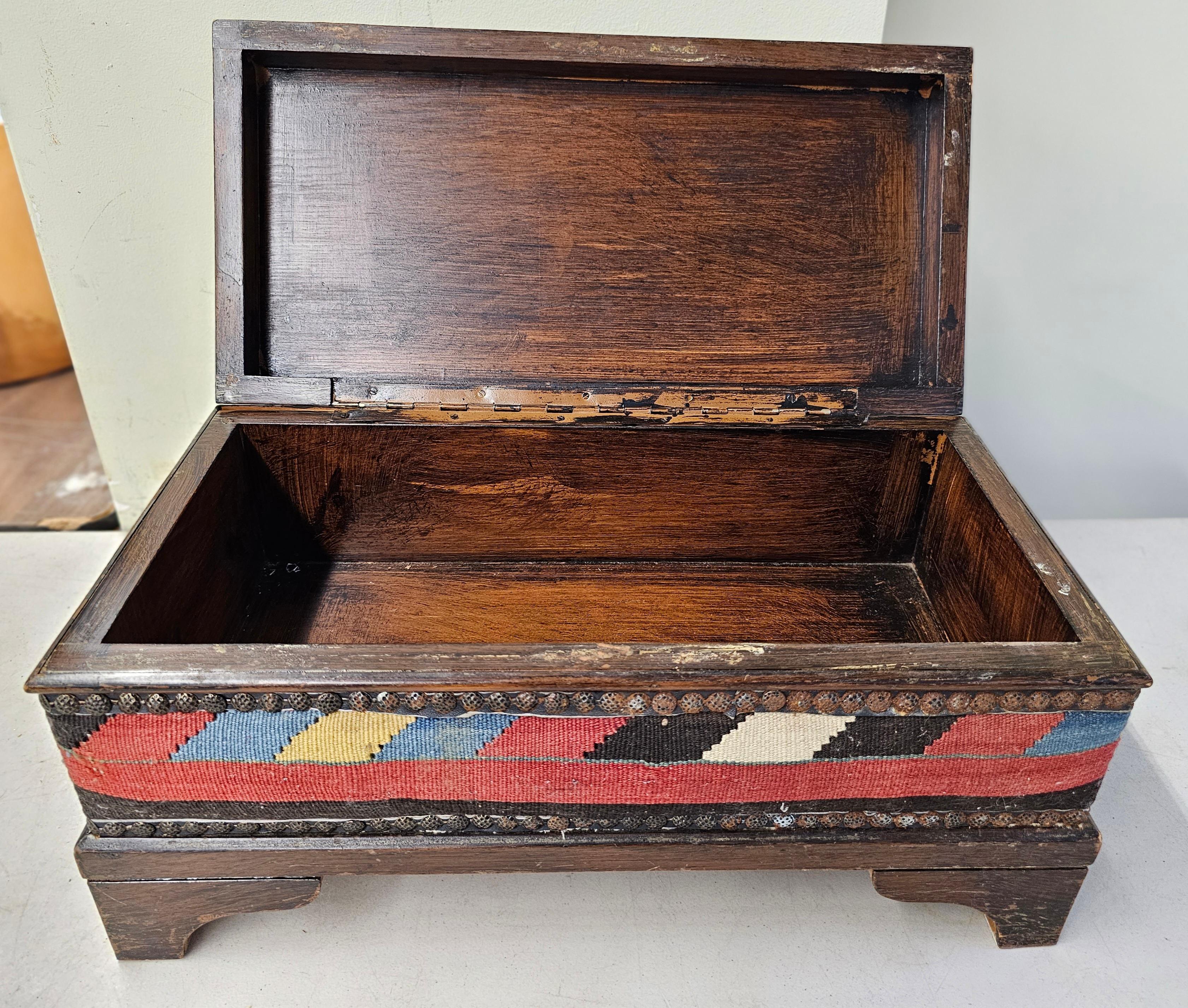 Middle Eastern Kilim Upholstered Stained Pine Table Chest In Good Condition For Sale In Germantown, MD