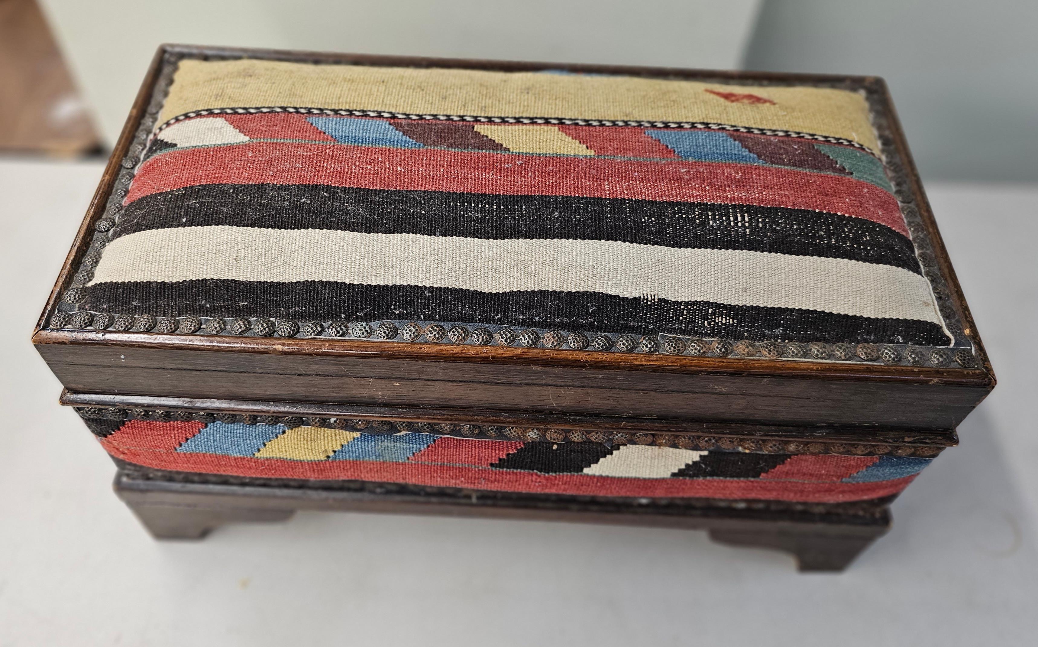20th Century Middle Eastern Kilim Upholstered Stained Pine Table Chest For Sale