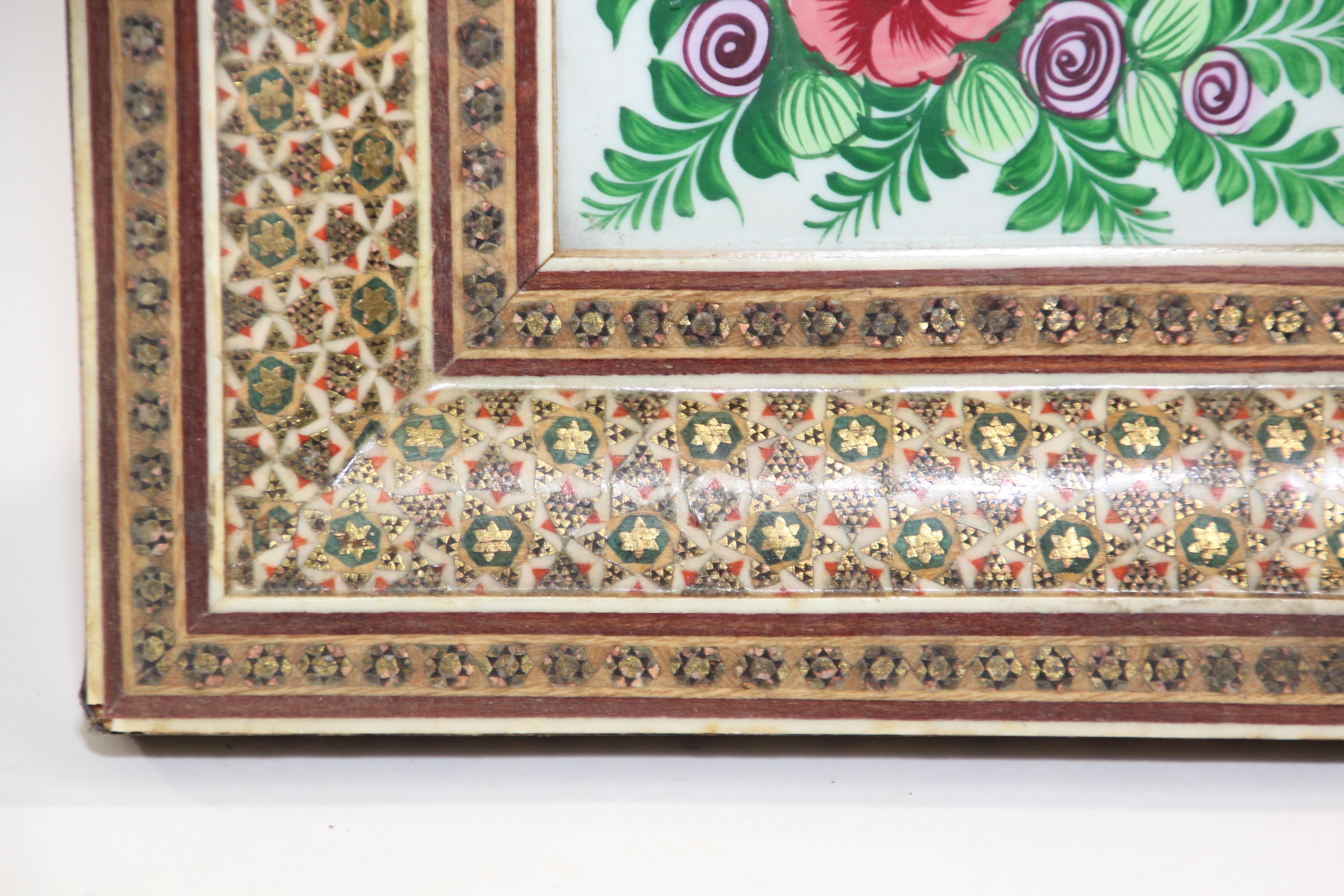 Wood Middle Eastern Miniature Painting of Peacocks in Mosaic Frame