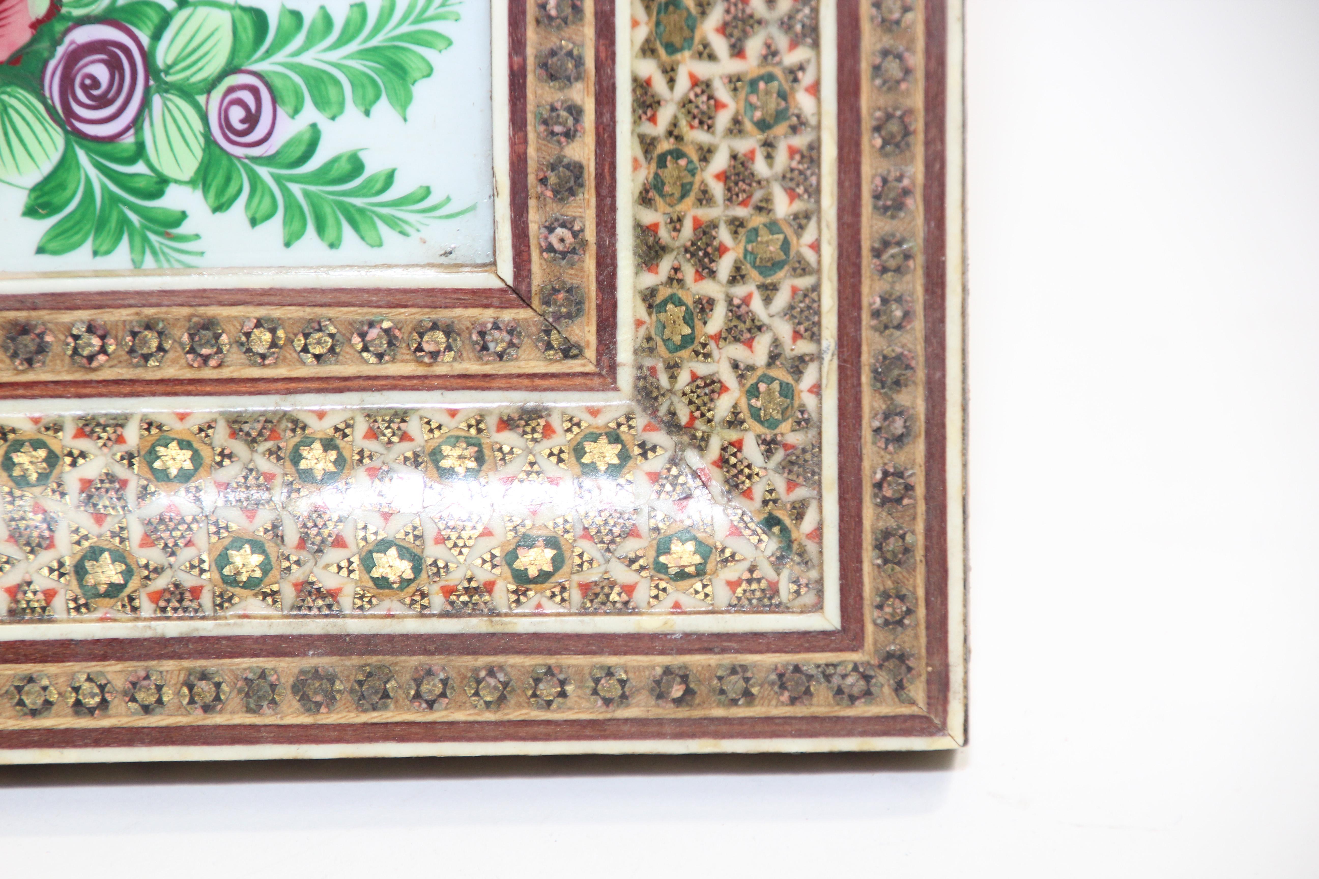 Middle Eastern Miniature Painting of Peacocks in Mosaic Frame 1