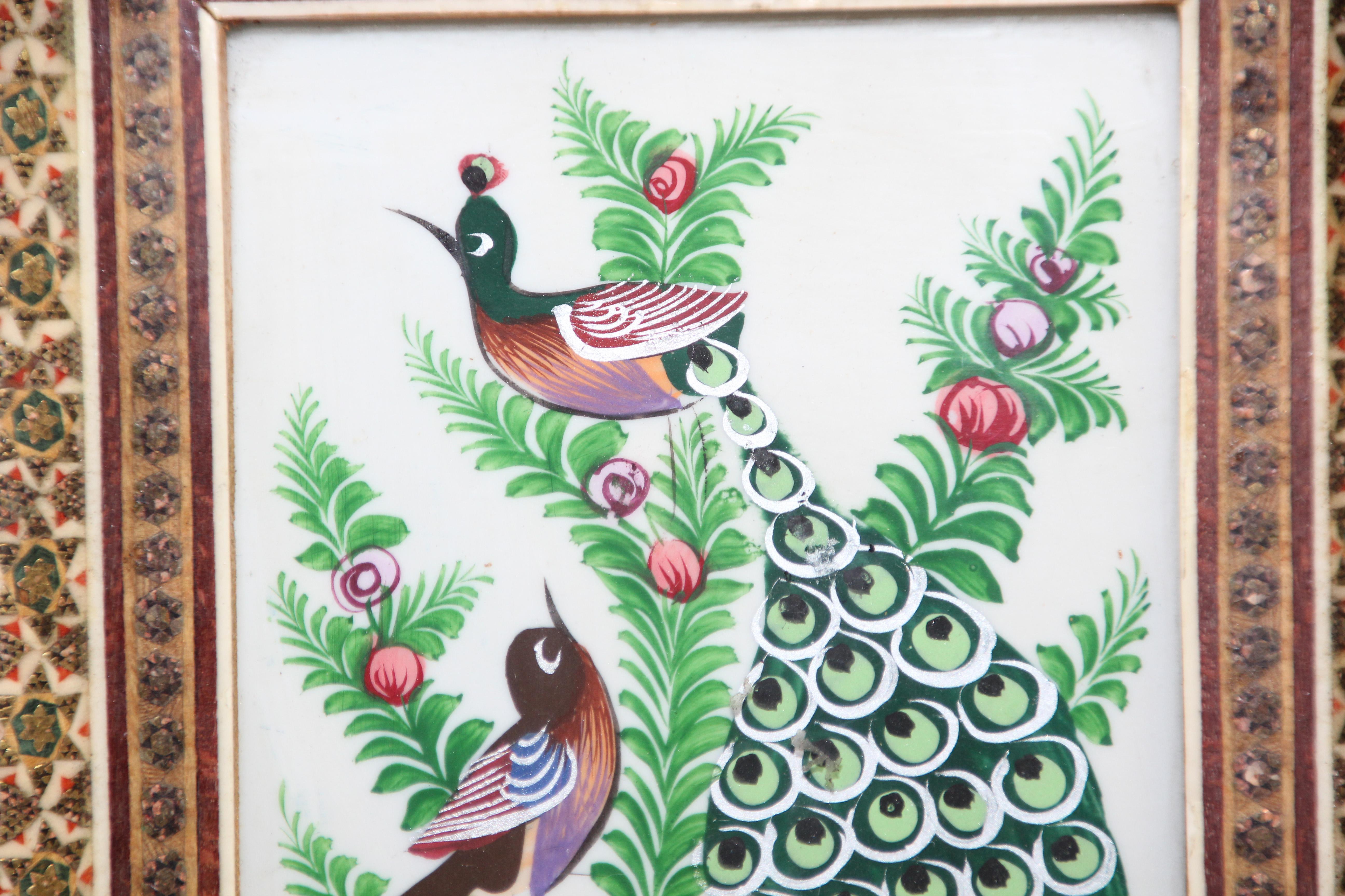 Middle Eastern Miniature Painting of Peacocks in Mosaic Frame 3