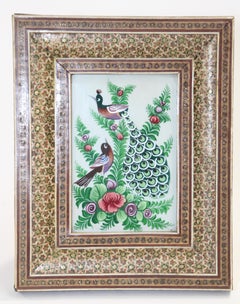 Middle Eastern Miniature Painting of Peacocks in Mosaic Frame