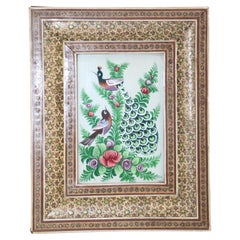 Vintage Middle Eastern Miniature Painting of Peacocks in Mosaic Frame