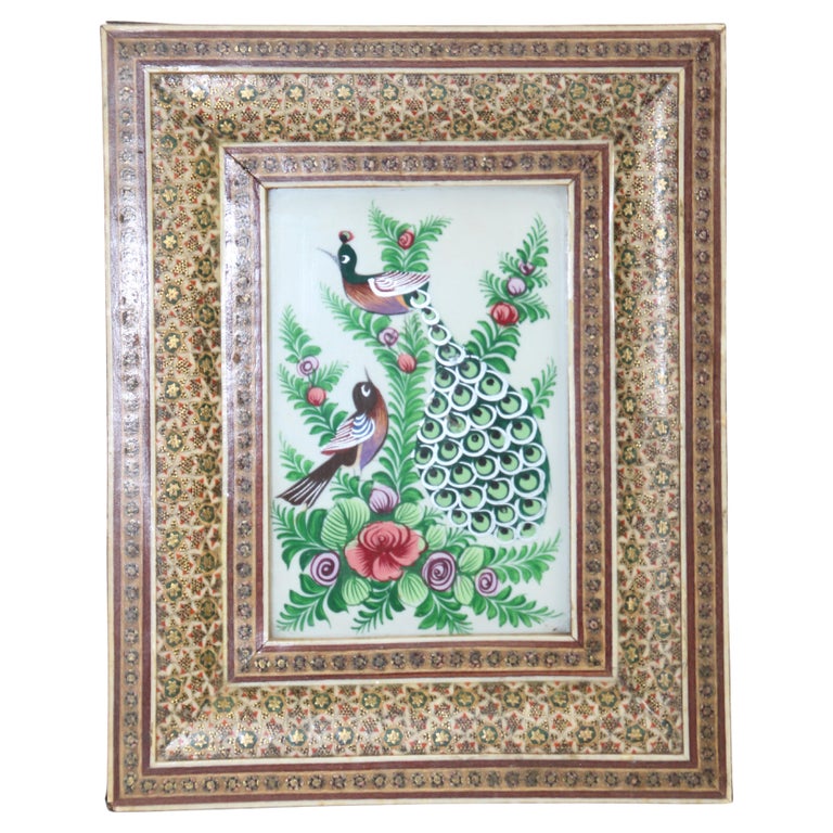 Middle Eastern Miniature Painting of Peacocks in Mosaic Frame For Sale ...