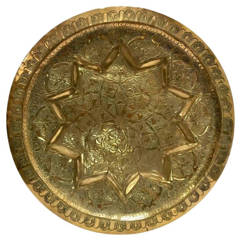 Middle Eastern Moorish Antique Round Brass Tray For Sale