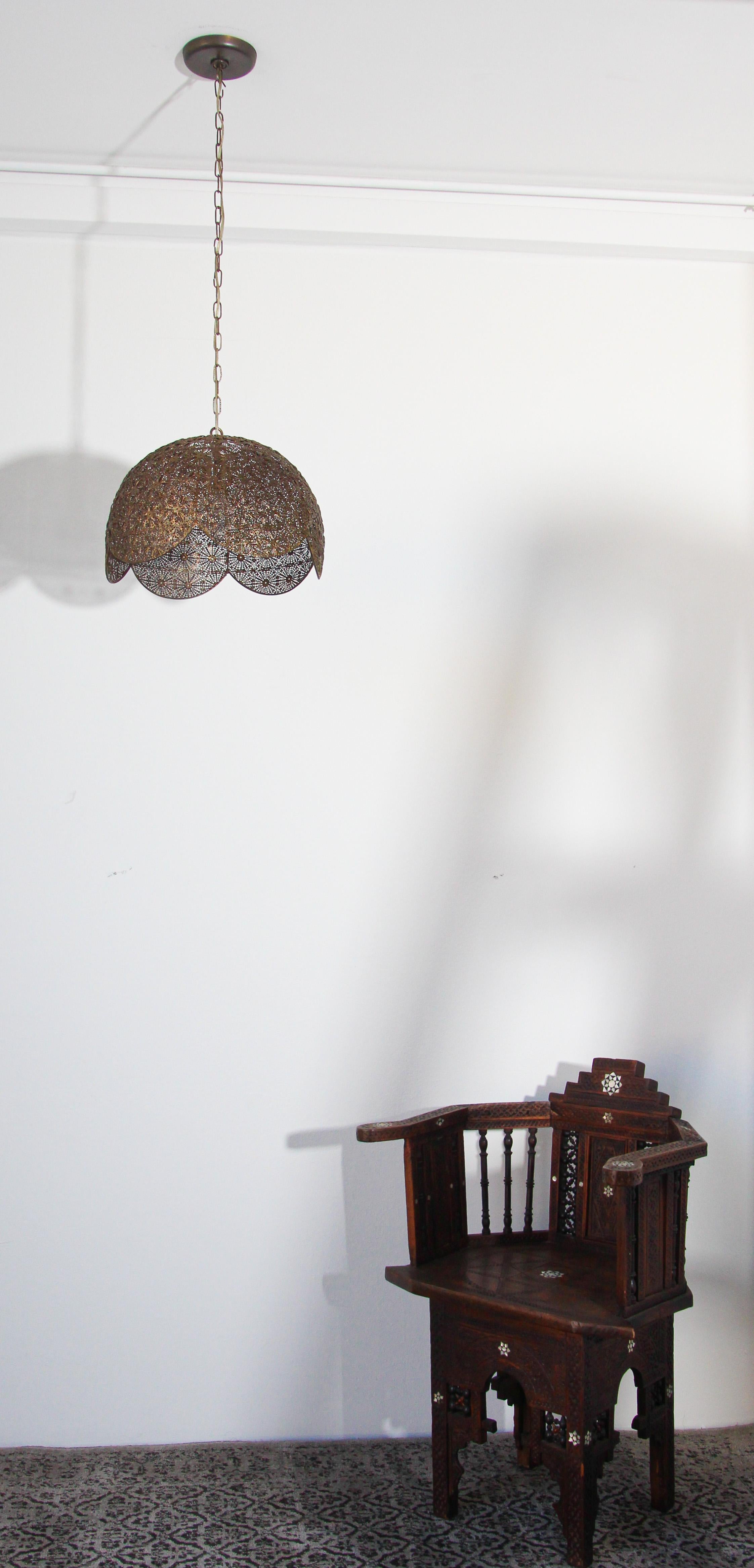 Middle Eastern Moorish Fine Filigree Pierced Brass Hanging Lamp Shade 3