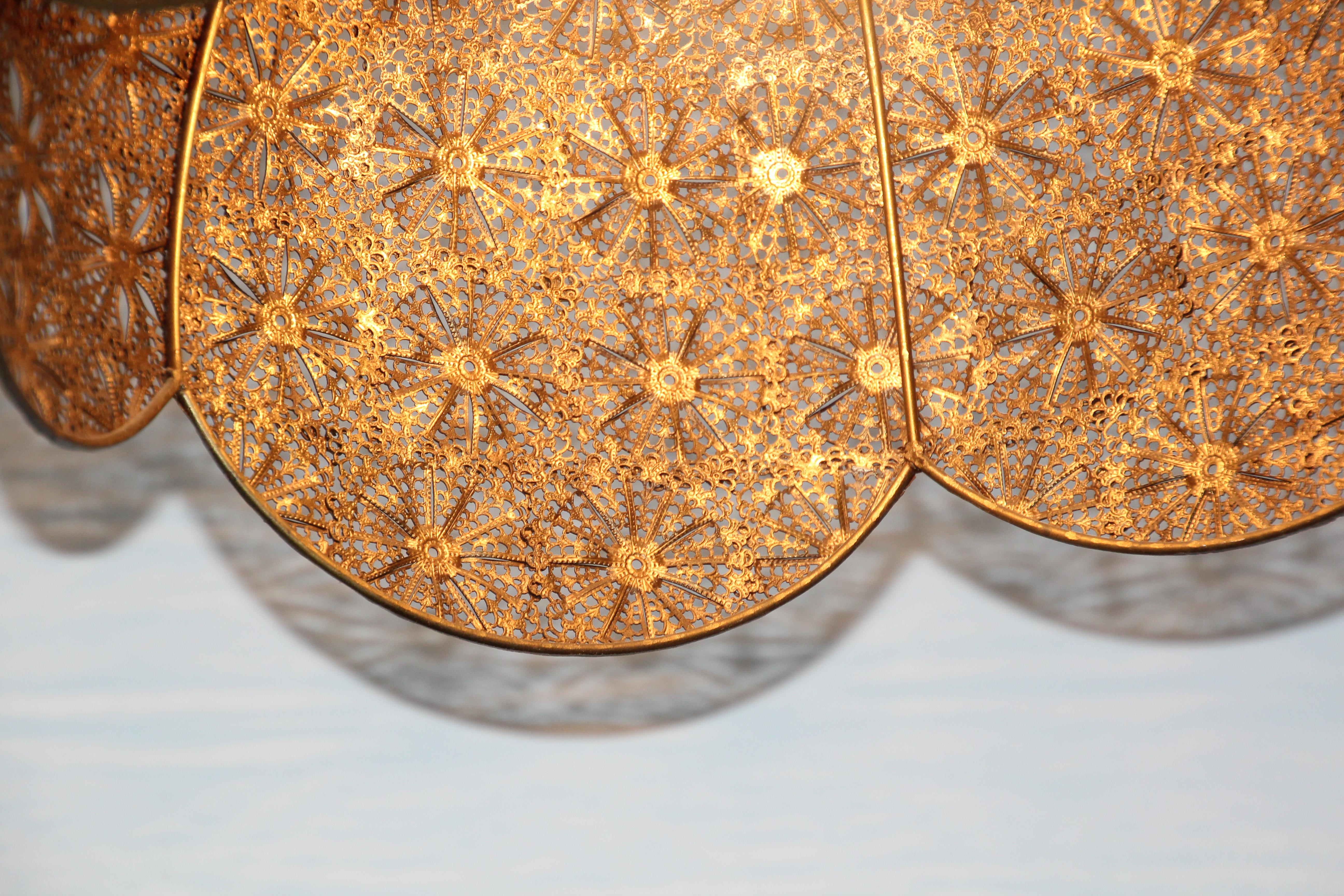 Turkish Middle Eastern Moorish Fine Filigree Pierced Brass Hanging Lamp Shade