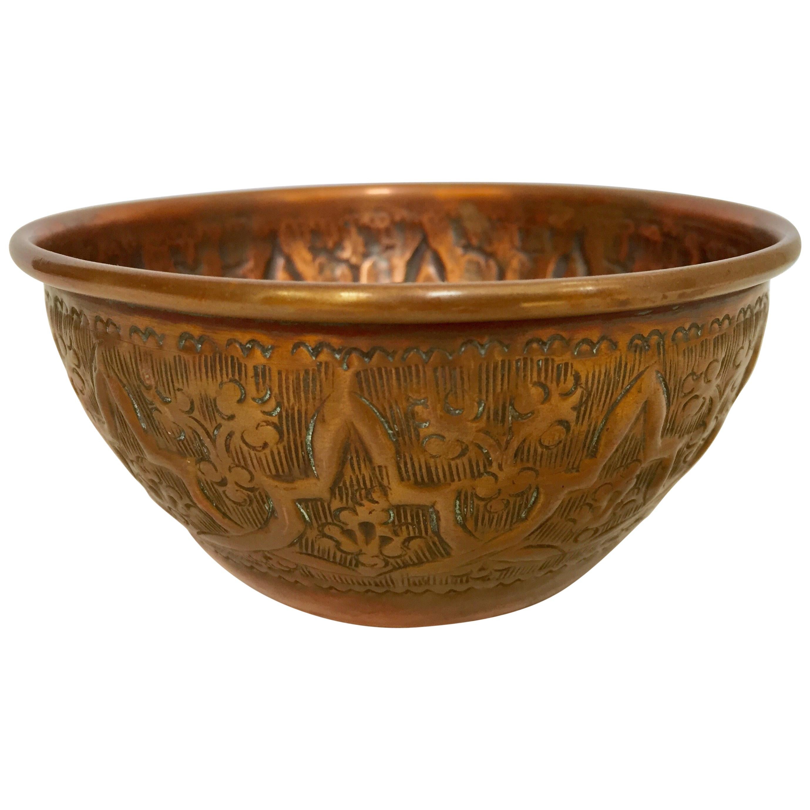 Middle Eastern Moorish Hand-Etched Ceremonial Copper Bowl