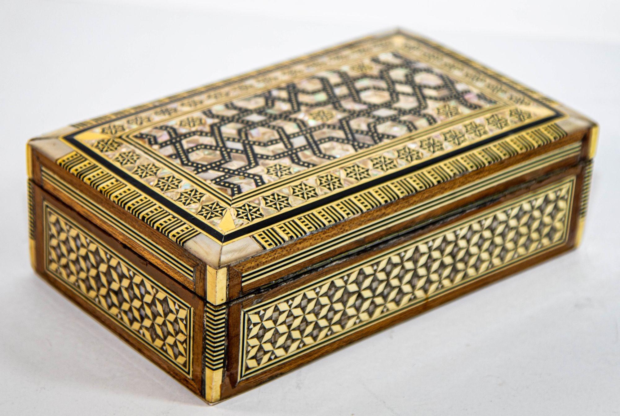 Fruitwood Middle Eastern Moorish Mother of Pearl Inlaid Marquetry Jewelry Box For Sale