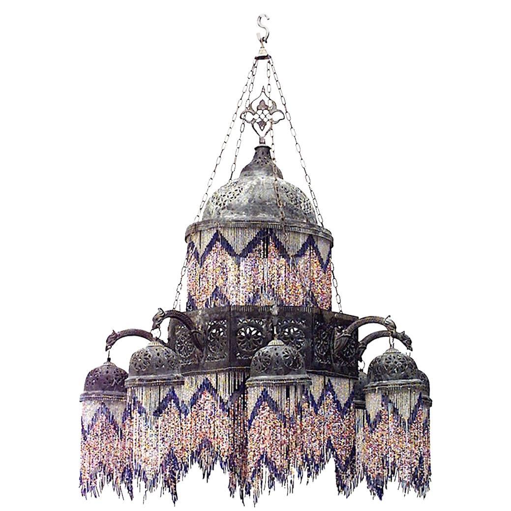 Moorish Style Brass and Bead Chandelier