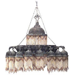 Moorish Style Brass Filigree and Bead Chandelier