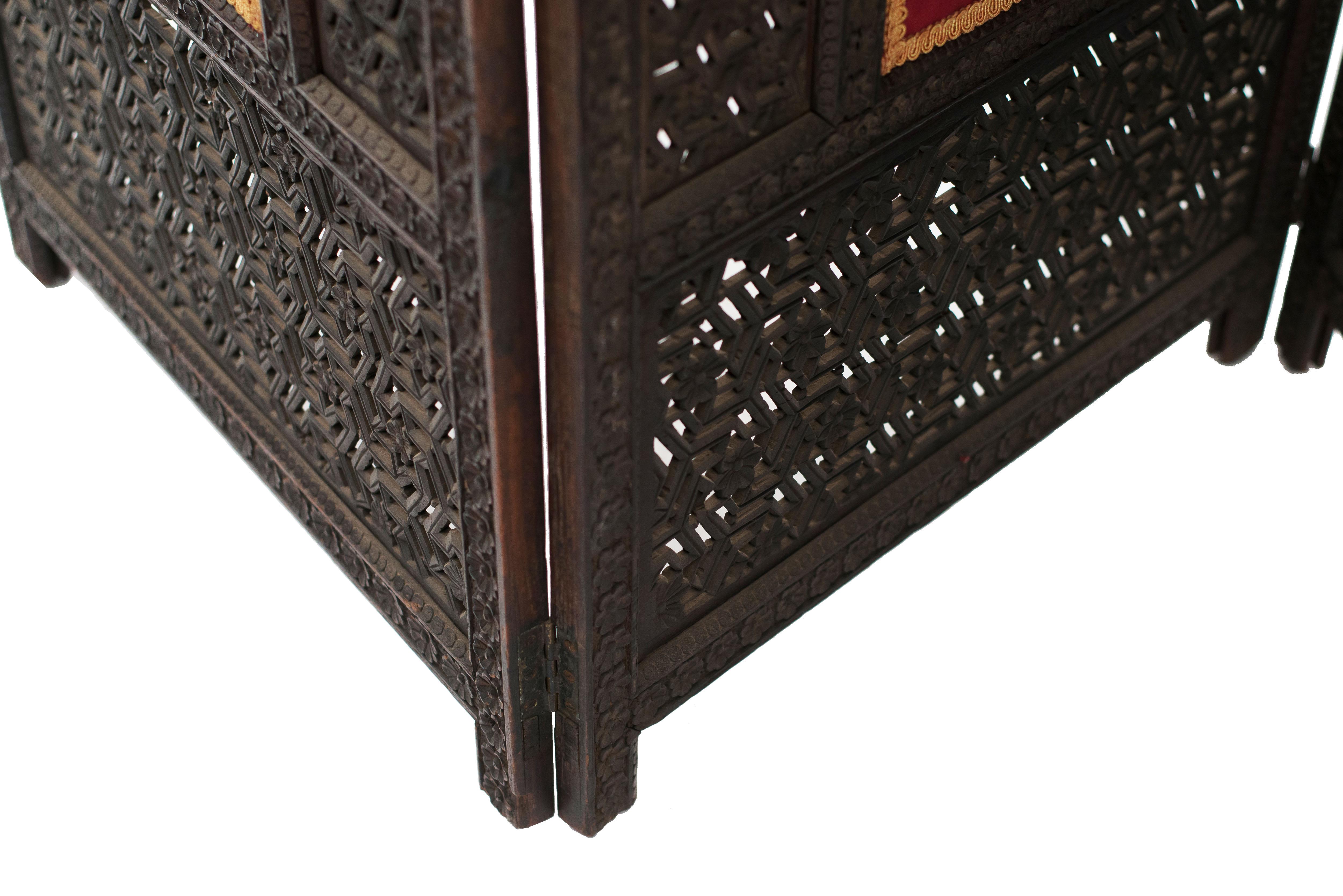 Upholstery Moorish Carved Teak 3-Fold Screen For Sale