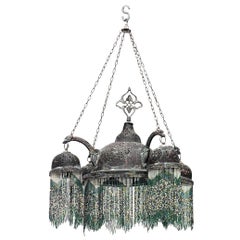 Antique Moorish Style Patinated Brass and Green Glass Bead Chandelier