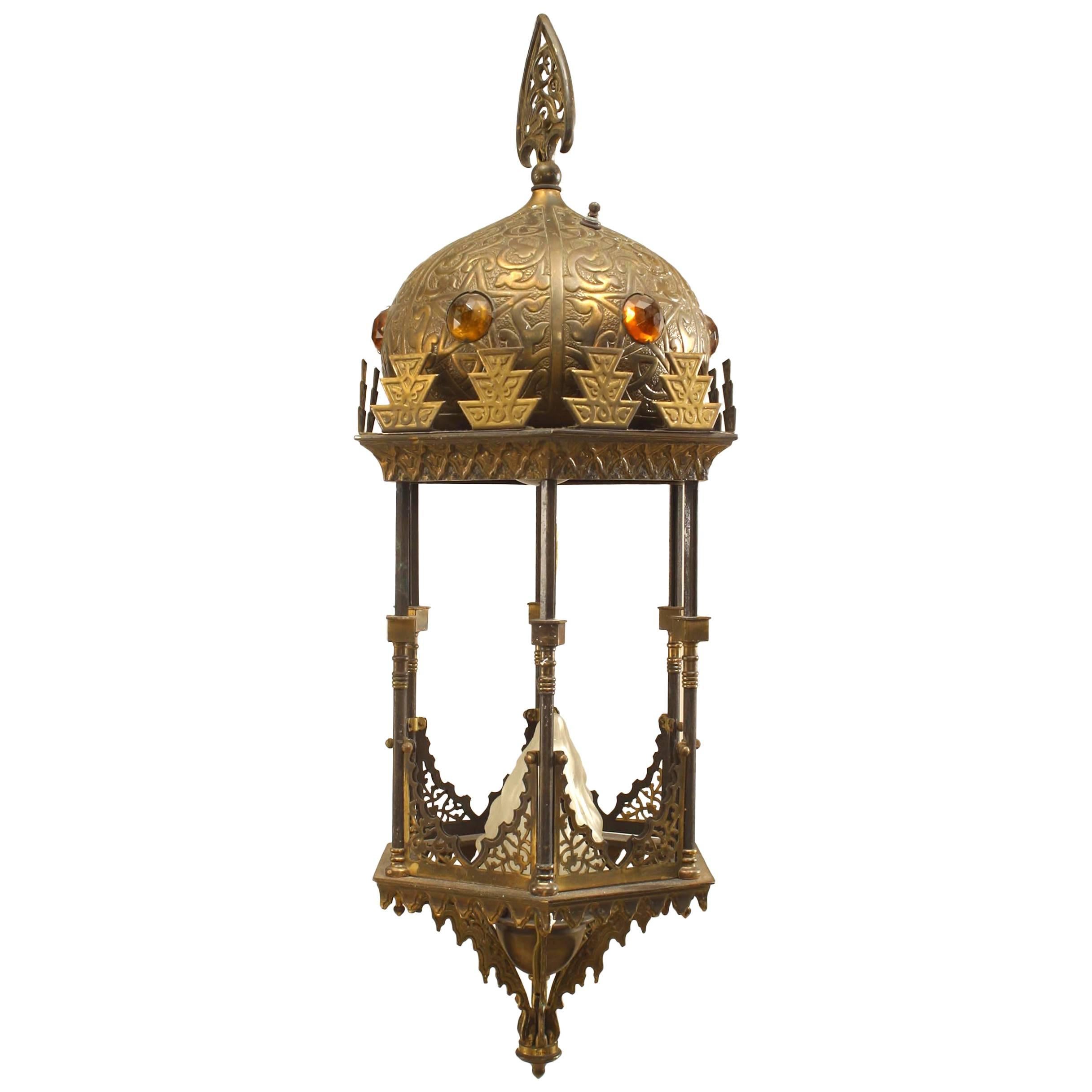 Middle Eastern Style Jeweled Brass Hanging Lantern For Sale