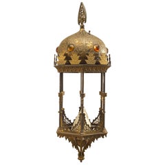 Antique Middle Eastern Style Jeweled Brass Hanging Lantern