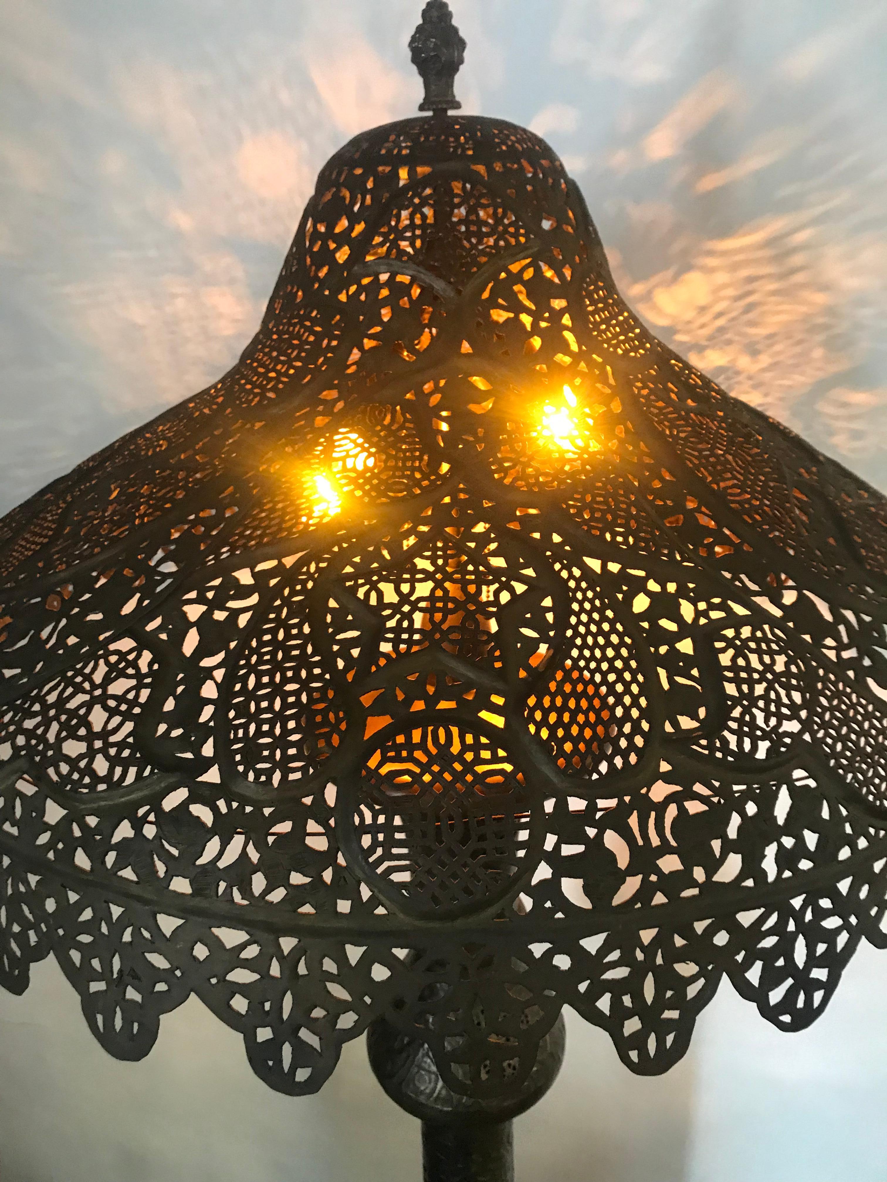 Monumental 19th century Middle Eastern Syrian pierced brass floor lamp. Shade measures 30