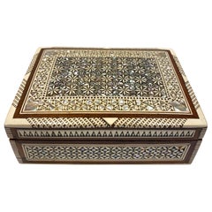 Middle Eastern Mosaic Wood Box with Inlays of Bone and Mother of Pearl, C. 1950s