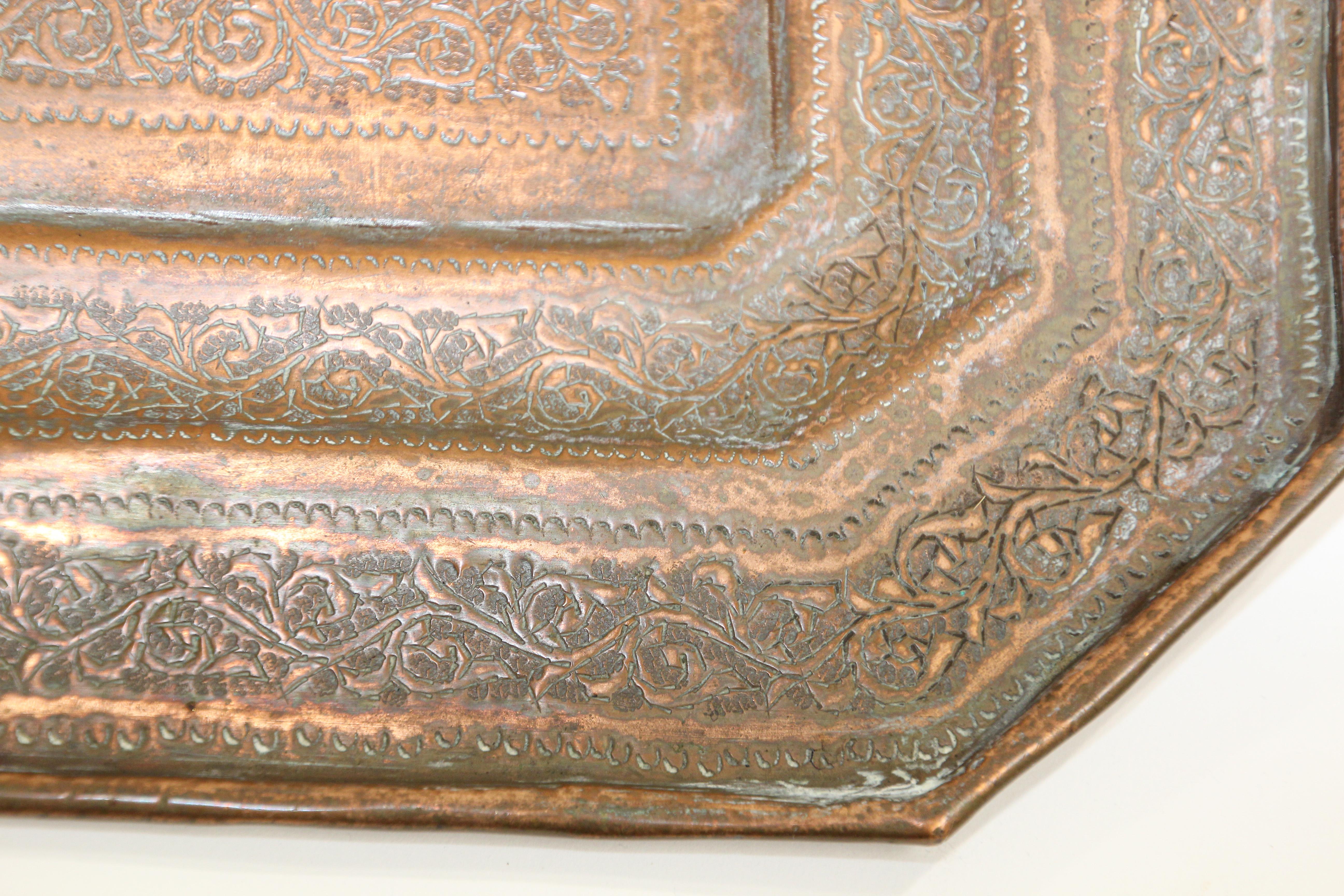 Hand-Carved Middle Eastern Octagonal Persian Copper Tray Charger For Sale