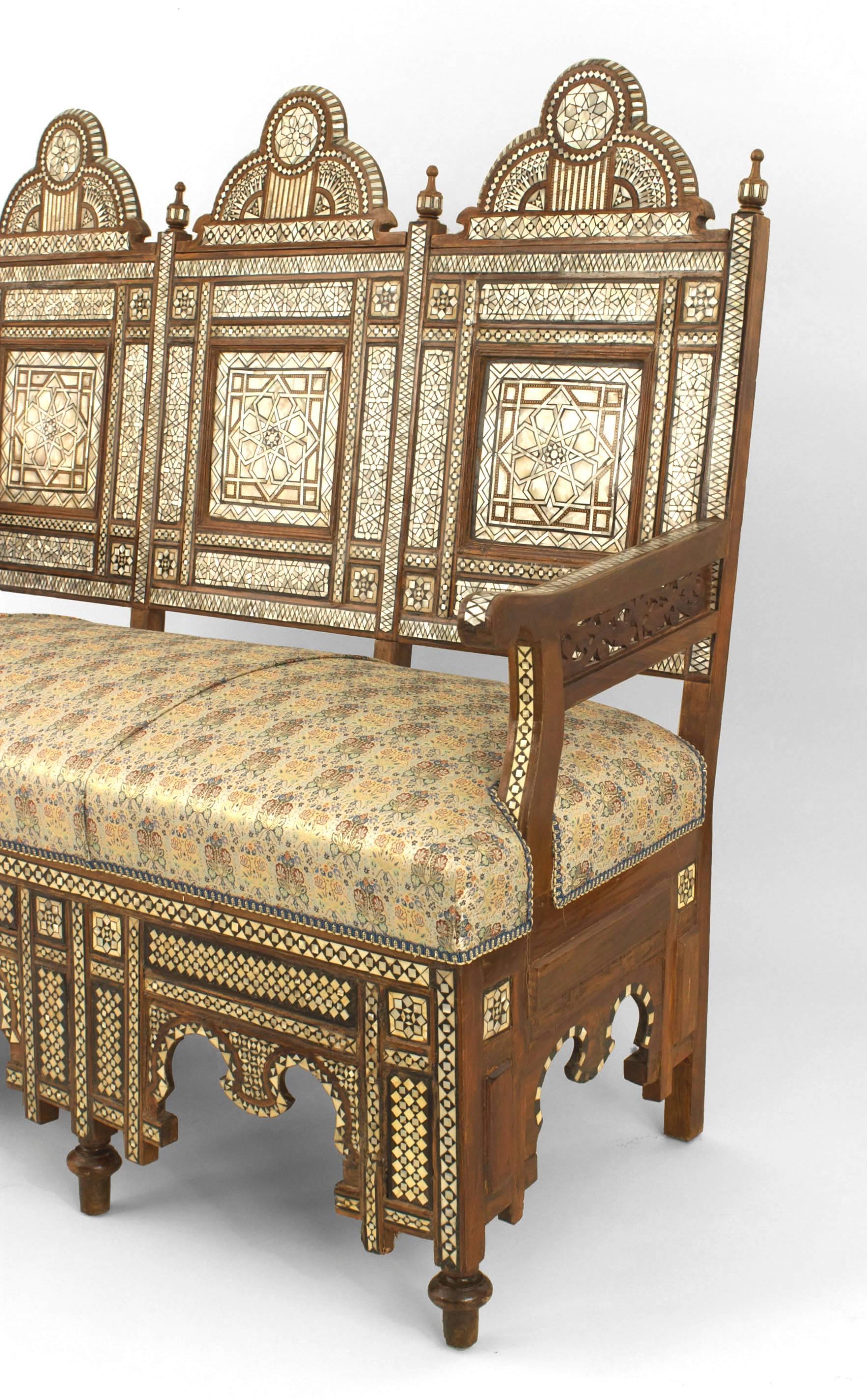 Middle Eastern Syrian (20th Cent) settee in walnut with inlaid mother of pearl and ebony with spindle & ball and finial details (matching 2 arms & 2 sides 060219/CON63)
