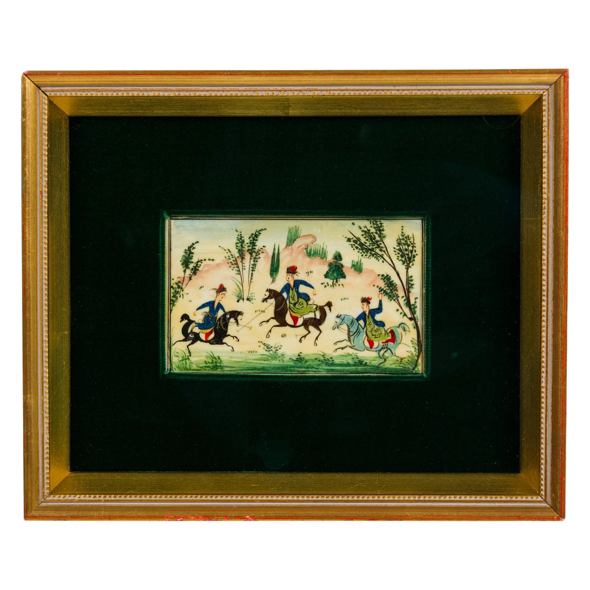 Middle Eastern Persian Framed Print of Three People Riding Horses en venta