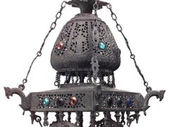 Persian Iron Filigree And Brass Dragon Chandelier
