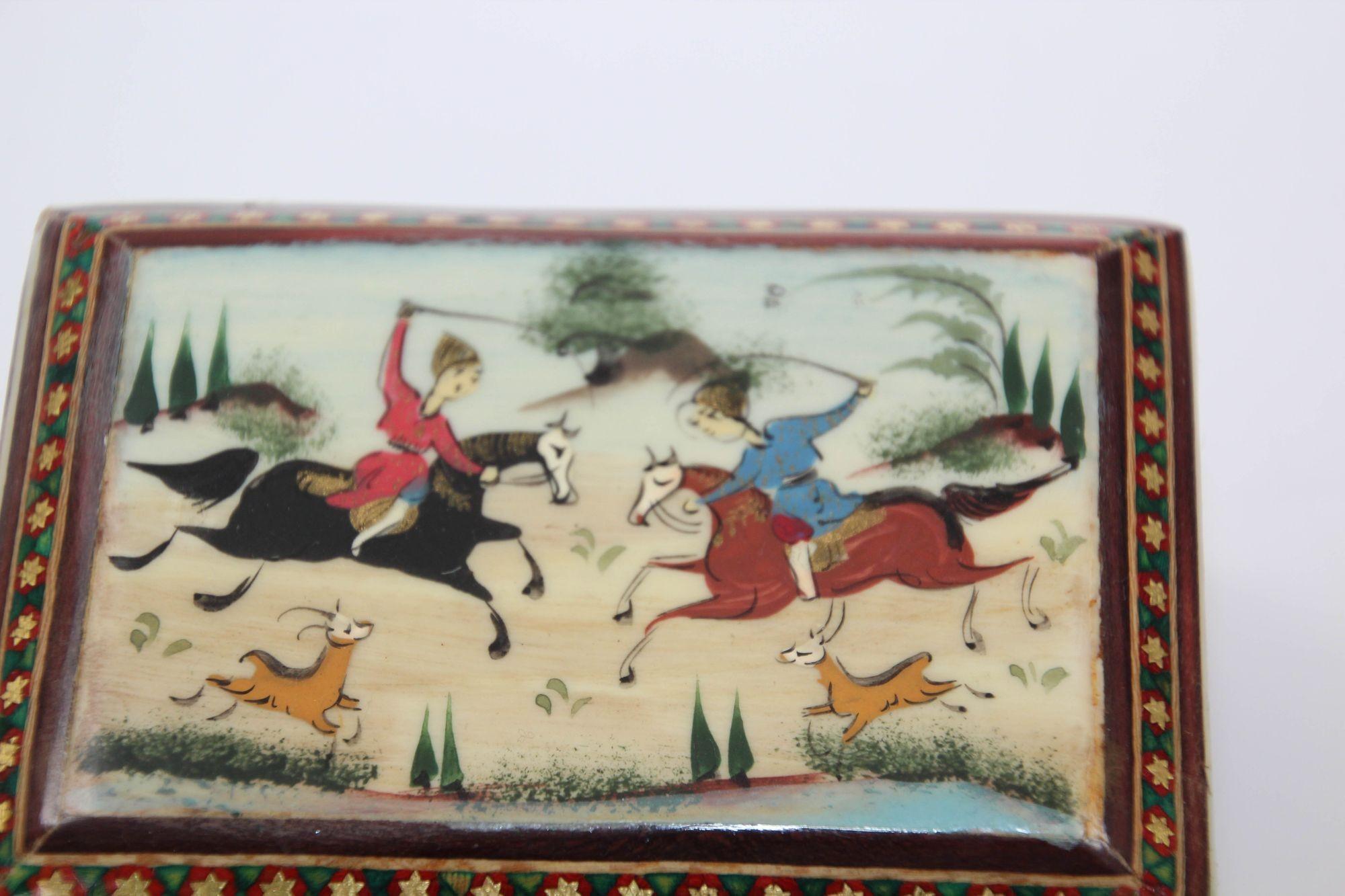 Middle Eastern Persian Khatam Trinket Box with Miniature Art Painting 1950s For Sale 2