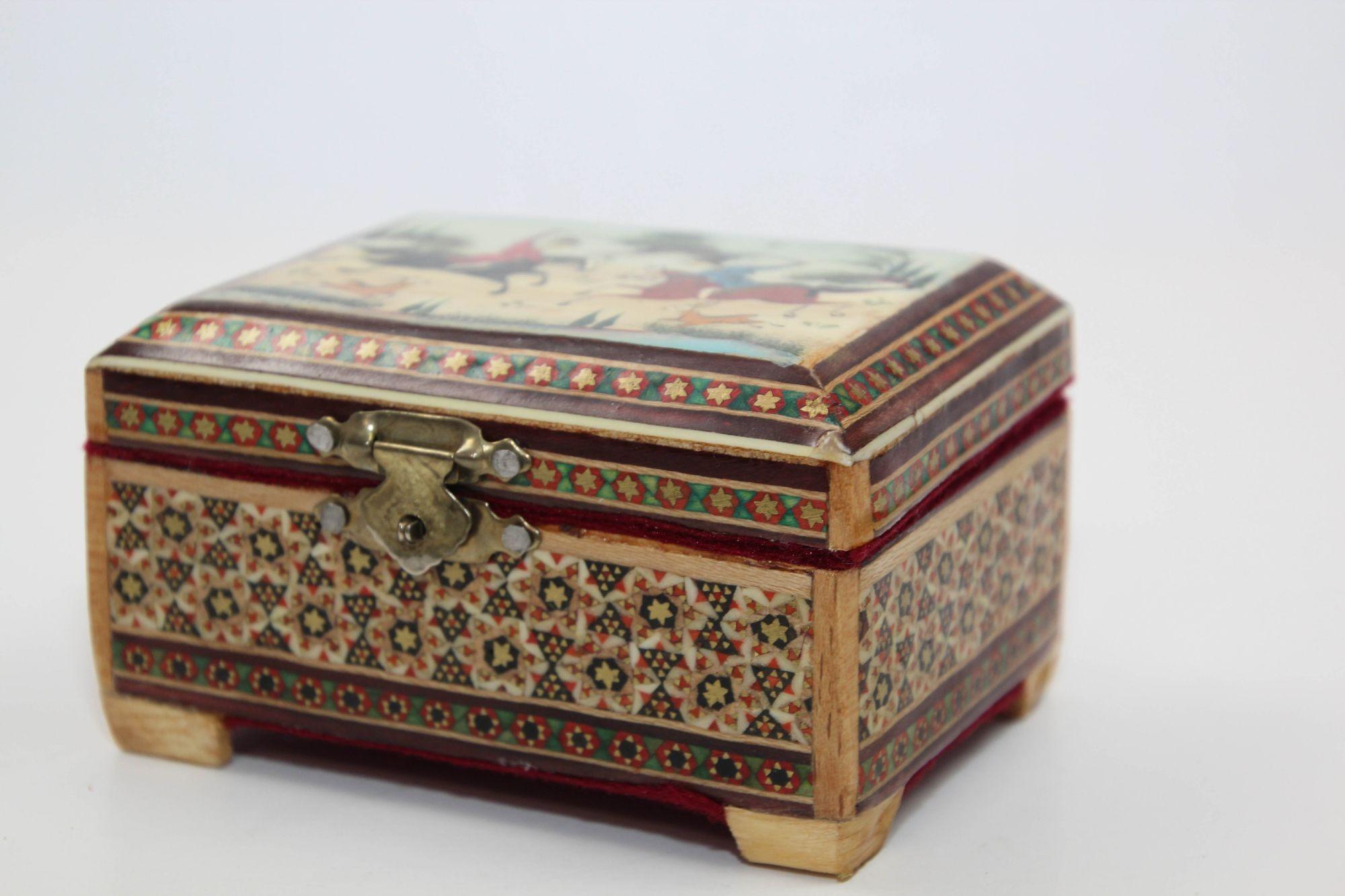 Middle Eastern Persian Khatam Trinket Box with Miniature Art Painting 1950s For Sale 4