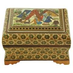 Middle Eastern Persian Khatam Trinket Box with Miniature Art Painting 1950s
