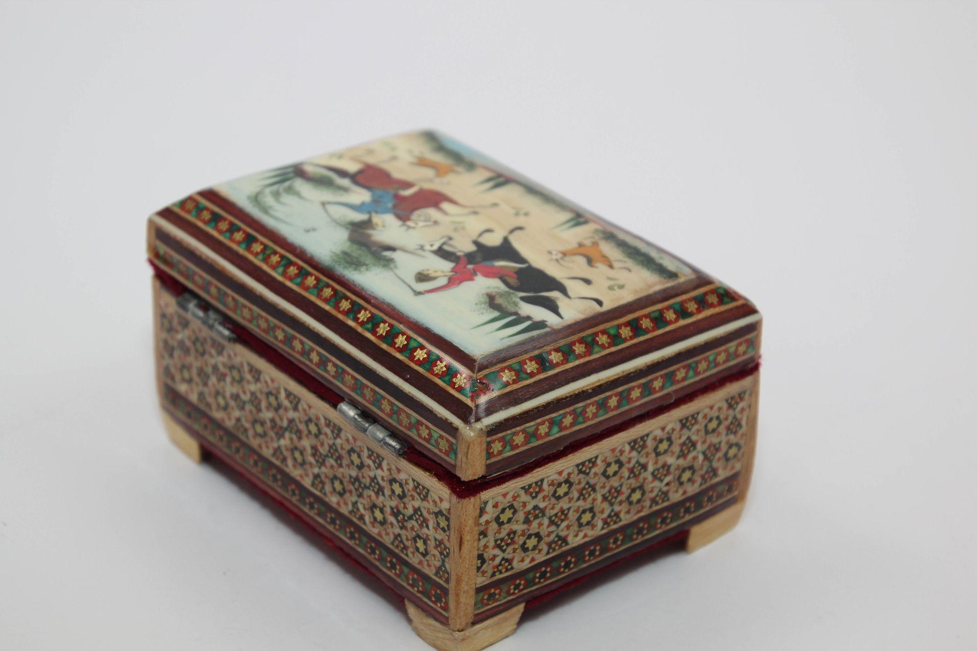 Middle Eastern Persian Khatam Trinket Box with Miniature Art Painting 1950s For Sale 5
