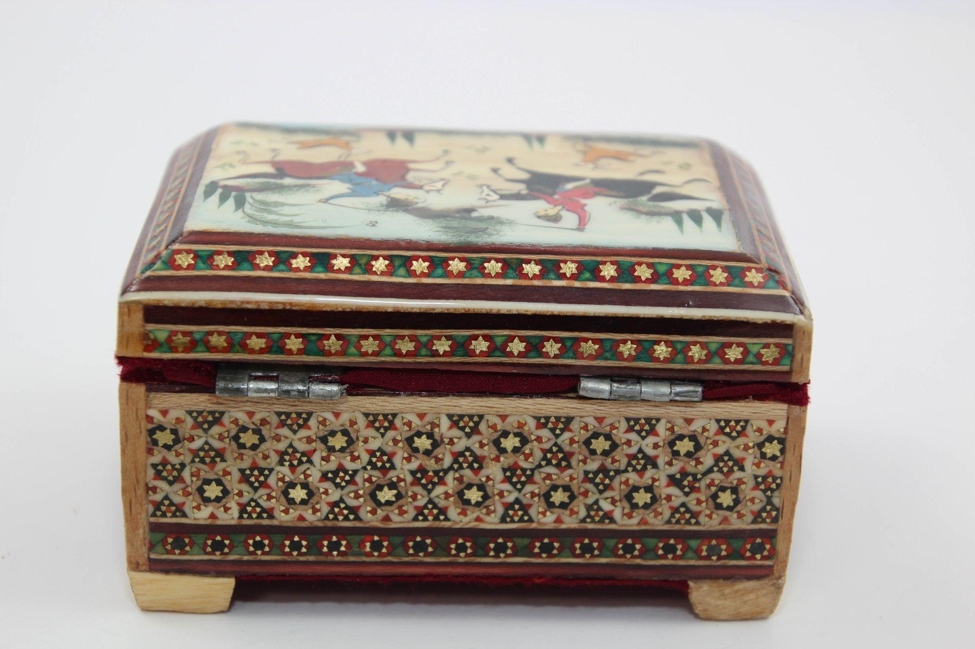 Moorish Middle Eastern Persian Khatam Trinket Box with Miniature Art Painting 1950s For Sale